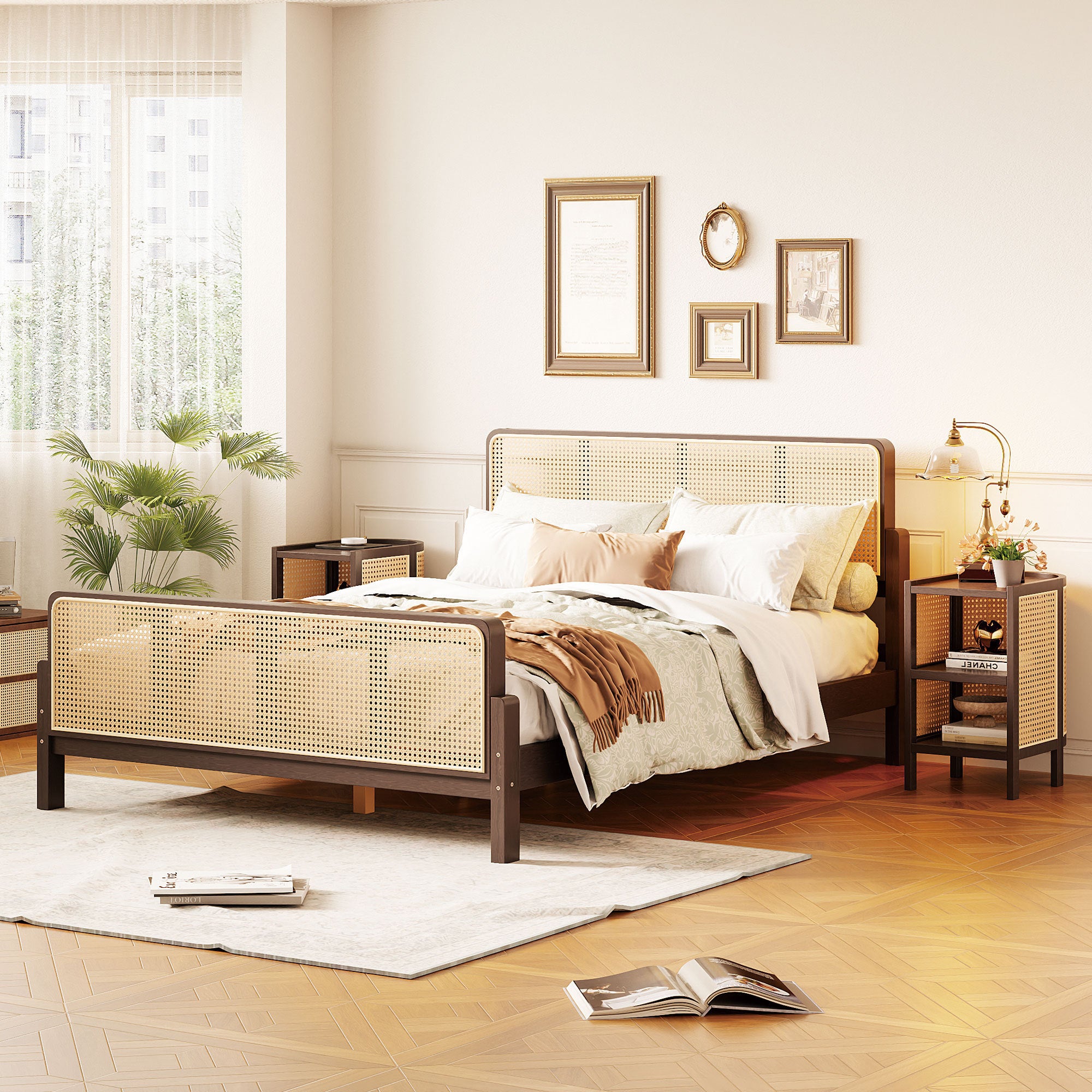 3 Pieces Rattan Platform Full Size Bed With 2 Nightstands,Walnut - Atlantic Fine Furniture Melbourne FL