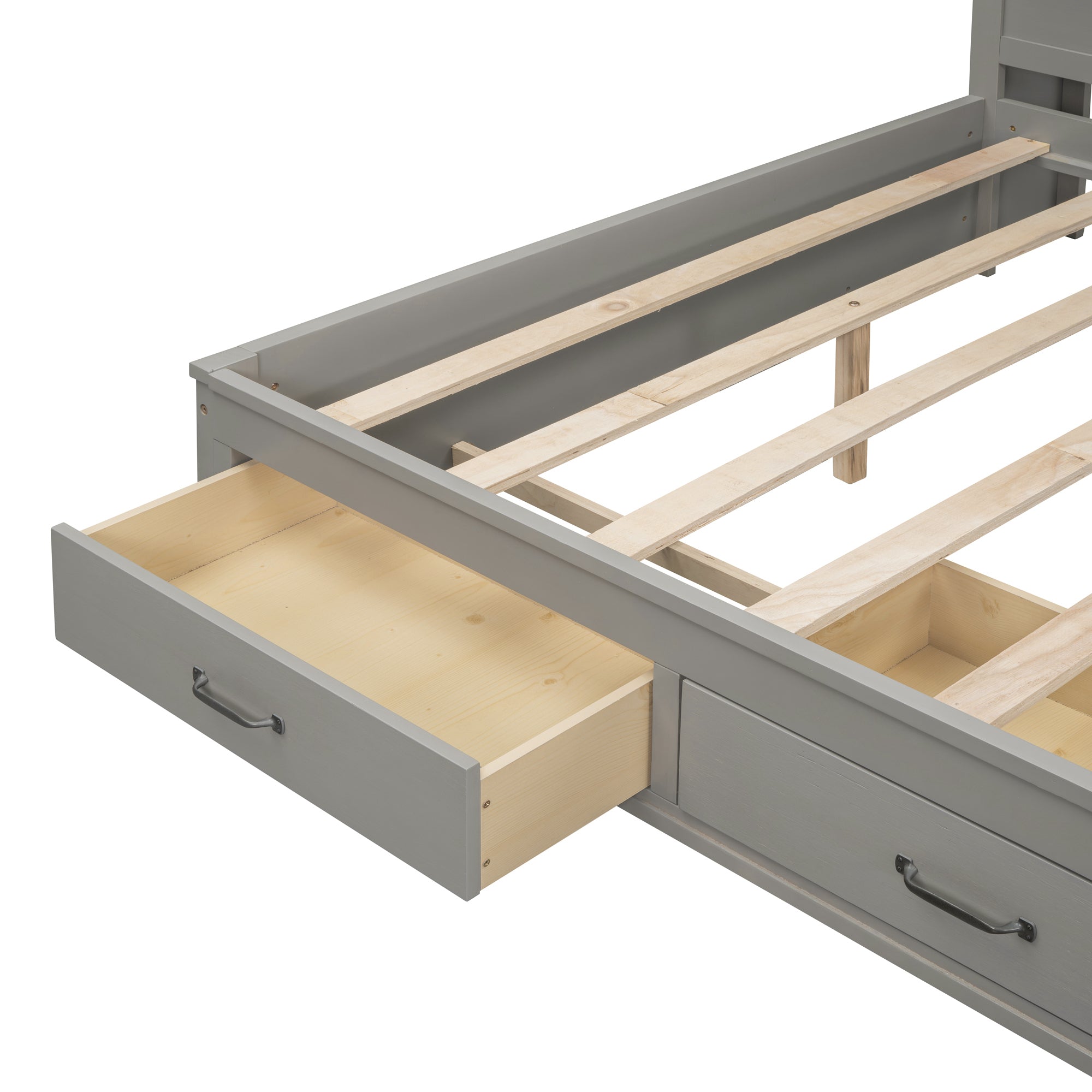 Full Size Wooden Daybed with 3 Storage Drawers, Upper Soft Board, shelf, and a set of Sockets and USB Ports, Gray - Atlantic Fine Furniture Melbourne FL