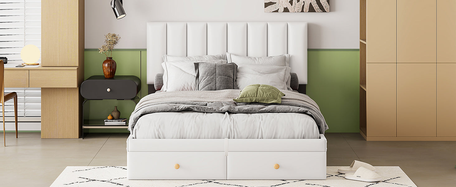 Full Size Upholstered Bed with Hydraulic Storage System and Drawer, White - Atlantic Fine Furniture Melbourne FL