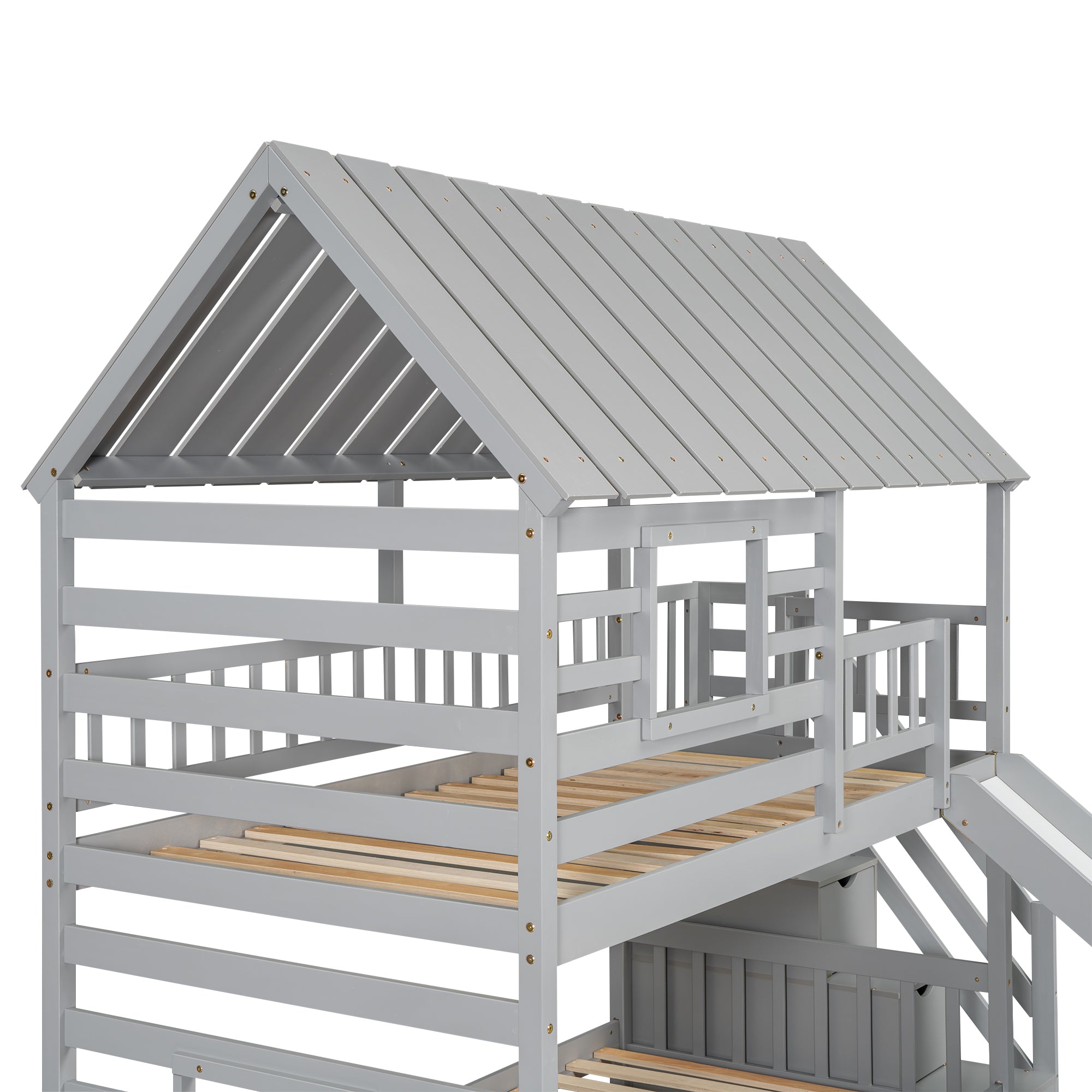 Twin over Twin House Bunk Bed with Trundle and Slide, Storage Staircase, Roof and Window Design, Gray(Old SKU: GX000931AAE) - Atlantic Fine Furniture Melbourne FL