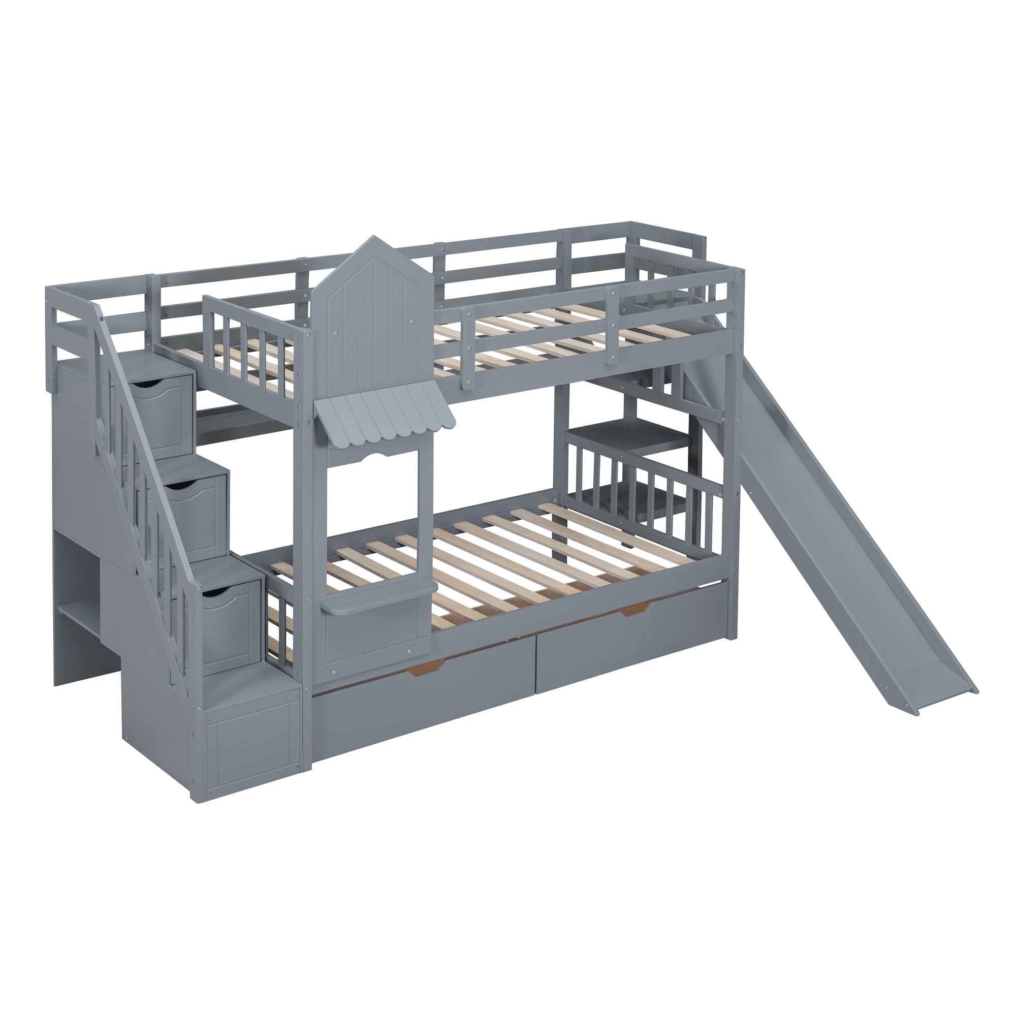 Twin-Over-Twin Castle Style Bunk Bed with 2 Drawers 3 Shelves and Slide - Gray - Atlantic Fine Furniture Melbourne FL