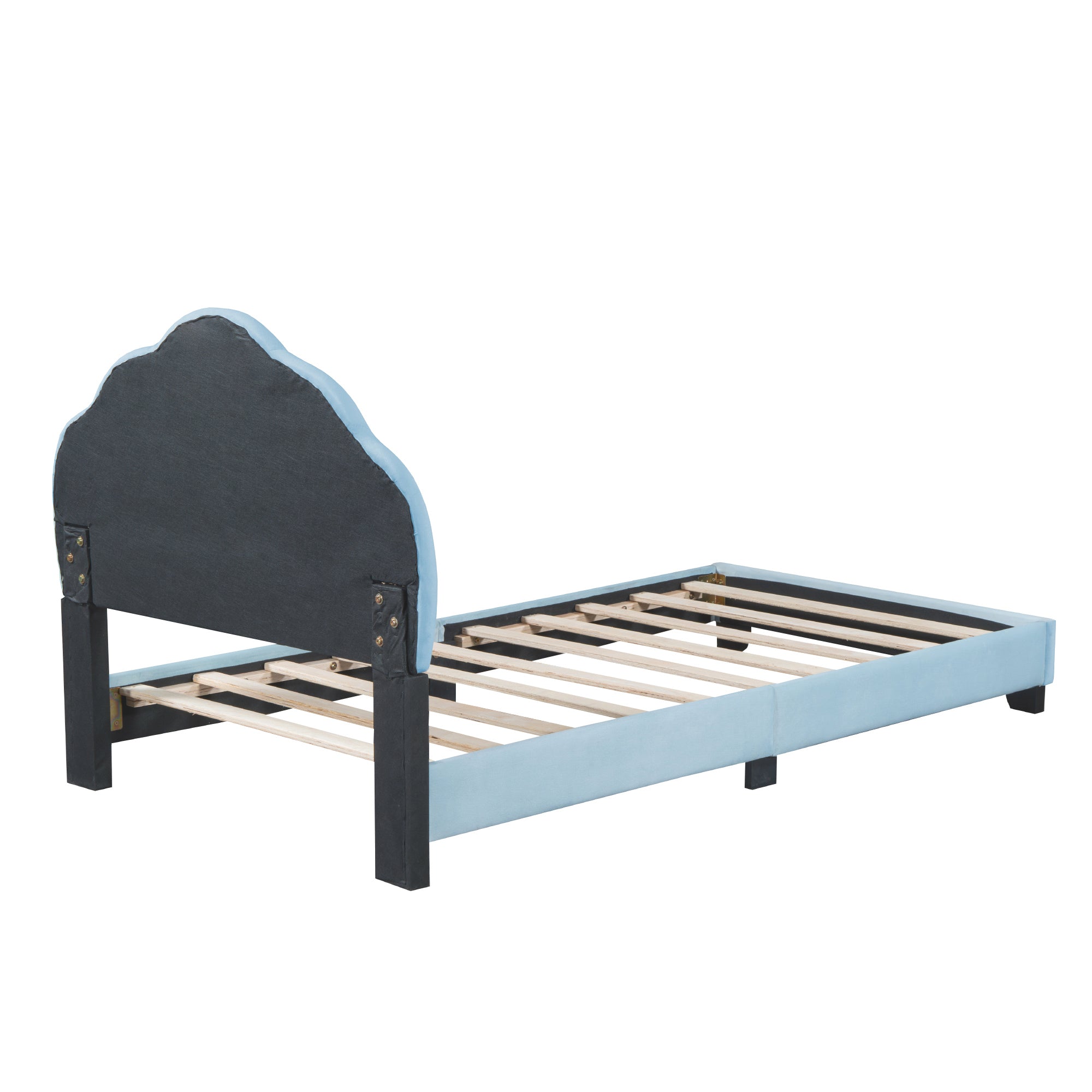 Twin Size Upholstered Velvet Platform Bed with Shell-Shaped Headboard, Blue - Atlantic Fine Furniture Melbourne FL