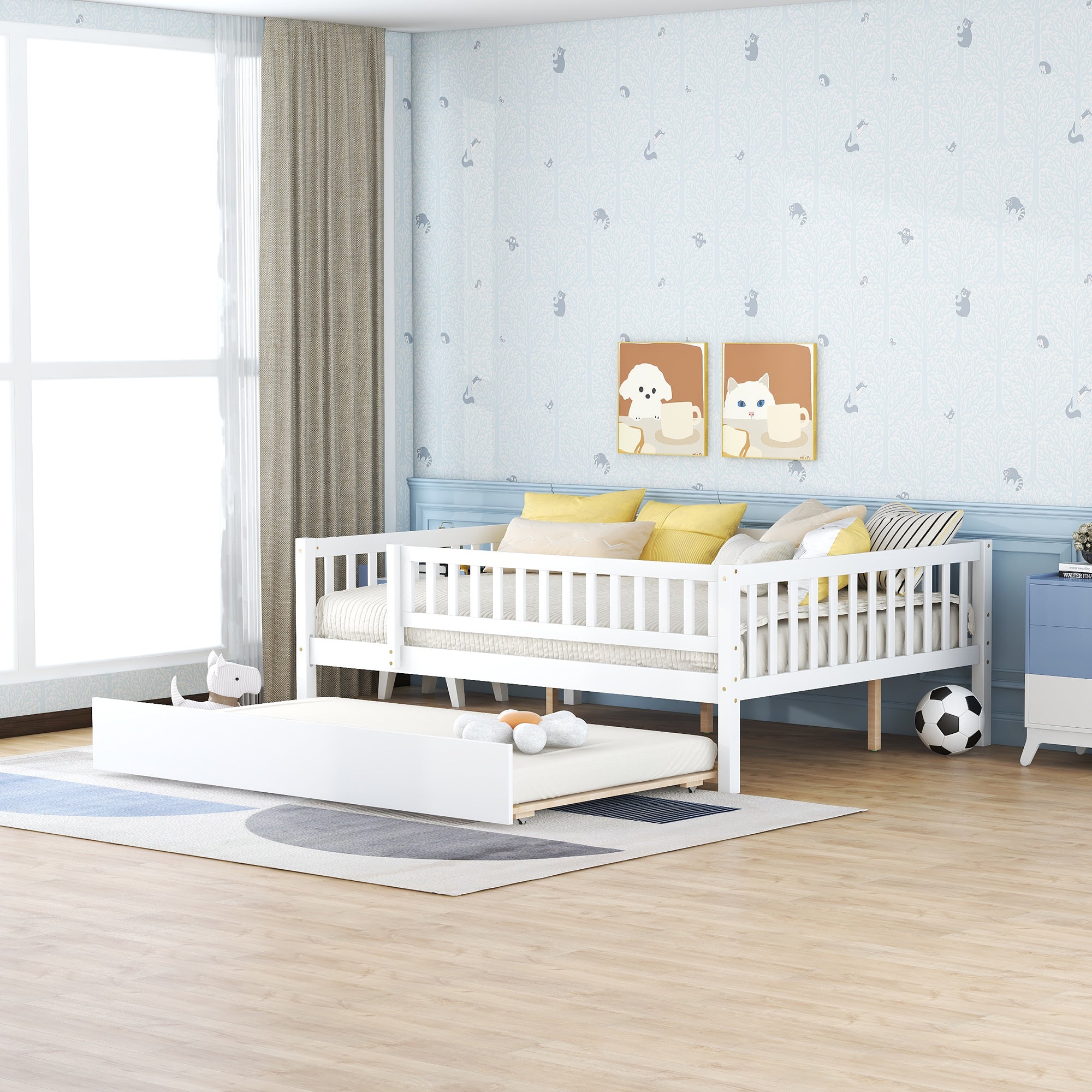 Full Size Wood Daybed with Trundle and Fence Guardrails, White - Atlantic Fine Furniture Melbourne FL