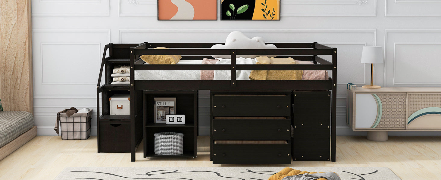 Full Size Loft Bed with Retractable Writing Desk and 3 Drawers, Wooden Loft Bed with Storage Stairs and Shelves, Espresso - Atlantic Fine Furniture Melbourne FL