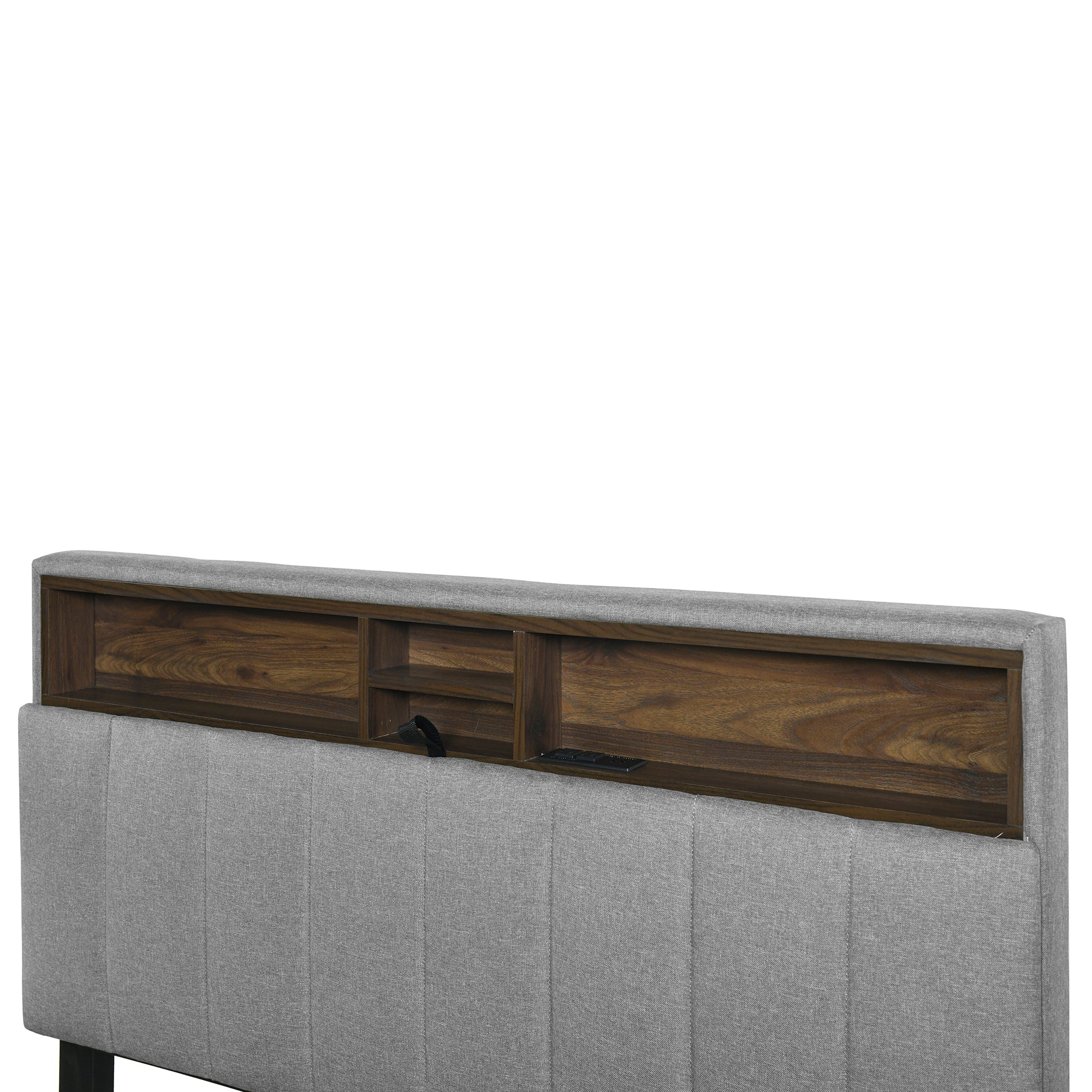 Full size Upholstered Platform Bed with Storage Headboard, Twin Size Trundle & 2 drawers and a set of Sockets & USB Ports, Linen Fabric, Gray - Atlantic Fine Furniture Melbourne FL