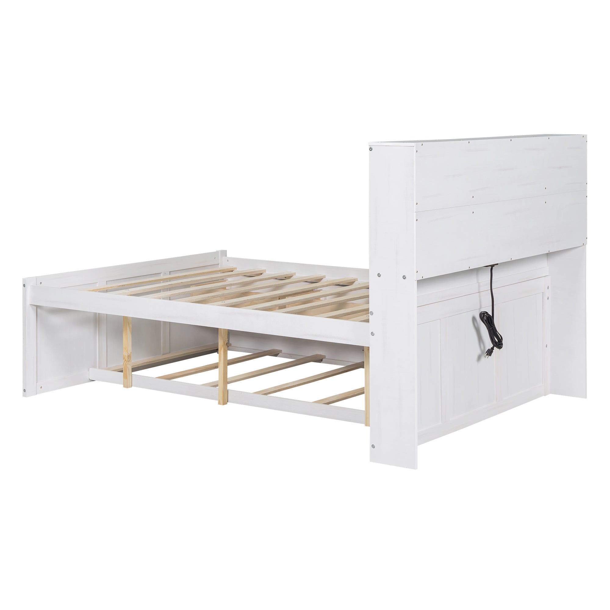 Full Size Platform Bed with Storage Headboard, Charging Station, Twin Size Trundle and 3 Drawers, Antique White - Atlantic Fine Furniture Melbourne FL