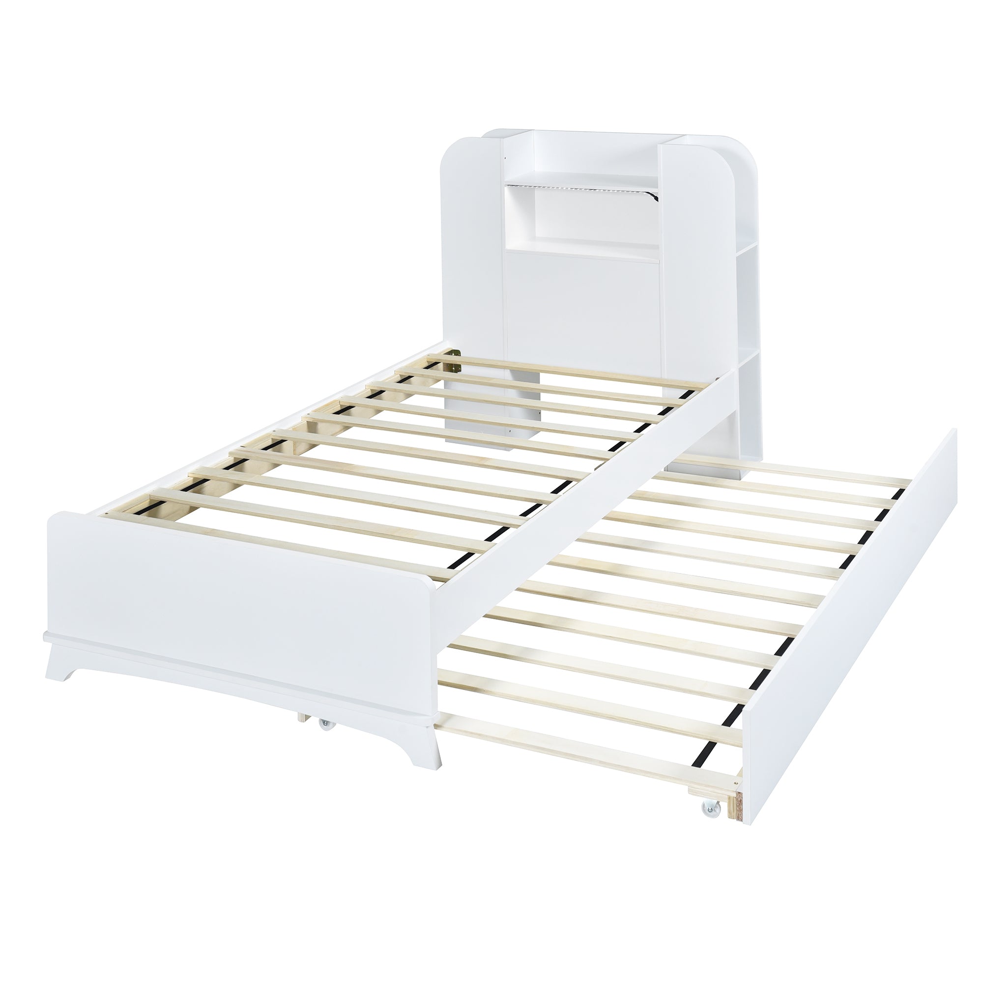 Twin Size Storage Platform Bed Frame with with Trundle and Light Strip Design in Headboard,White - Atlantic Fine Furniture Melbourne FL