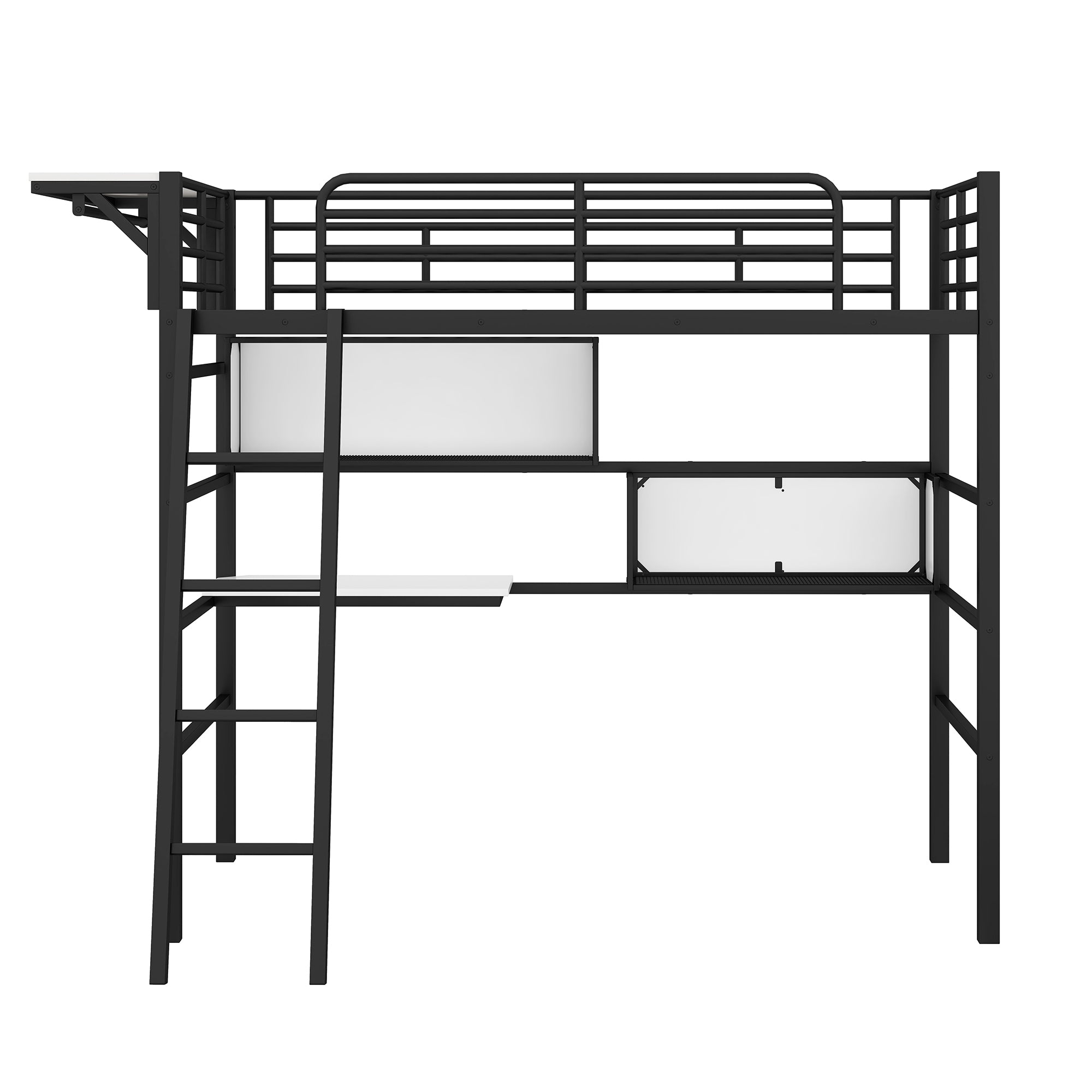 Twin Size Metal Loft Bed with 2 Shelves, a desk and a Hanging Clothes Rack, Black and White - Atlantic Fine Furniture Melbourne FL
