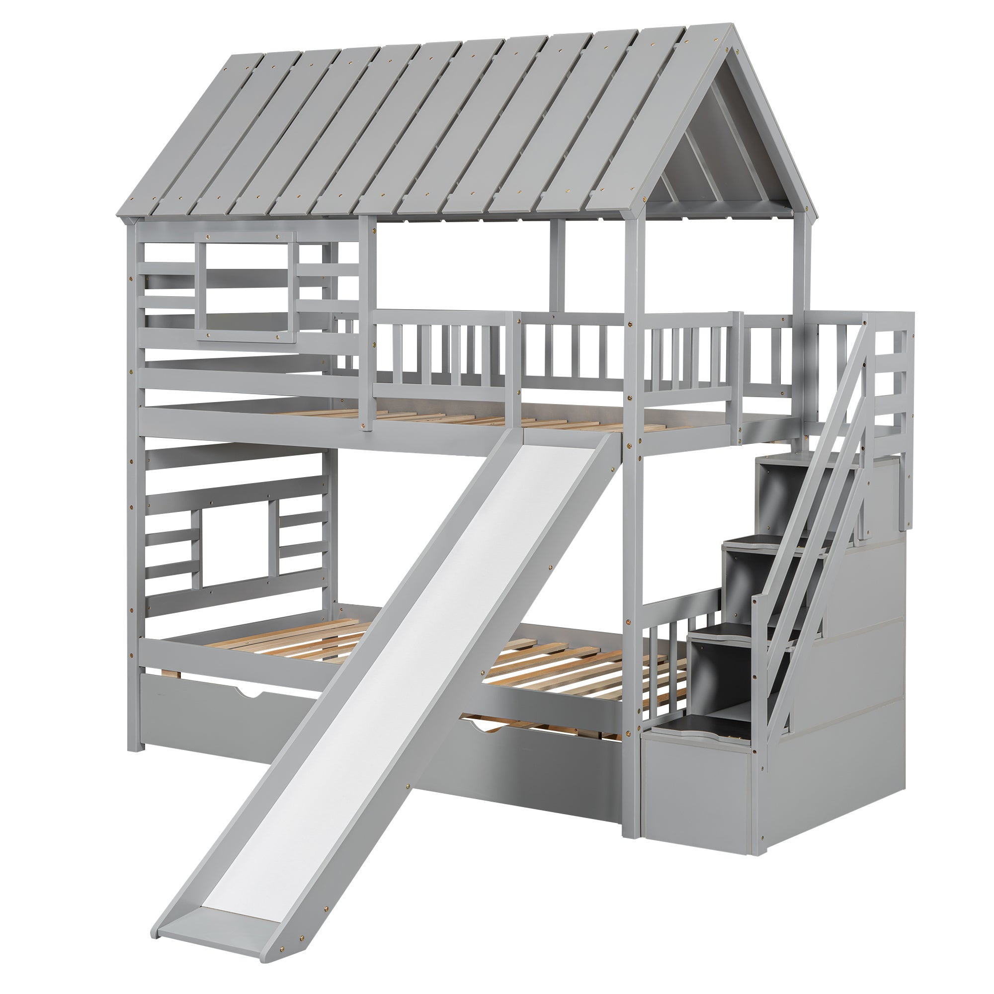Twin over Twin House Bunk Bed with Trundle and Slide, Storage Staircase, Roof and Window Design, Gray(Old SKU: GX000931AAE) - Atlantic Fine Furniture Melbourne FL
