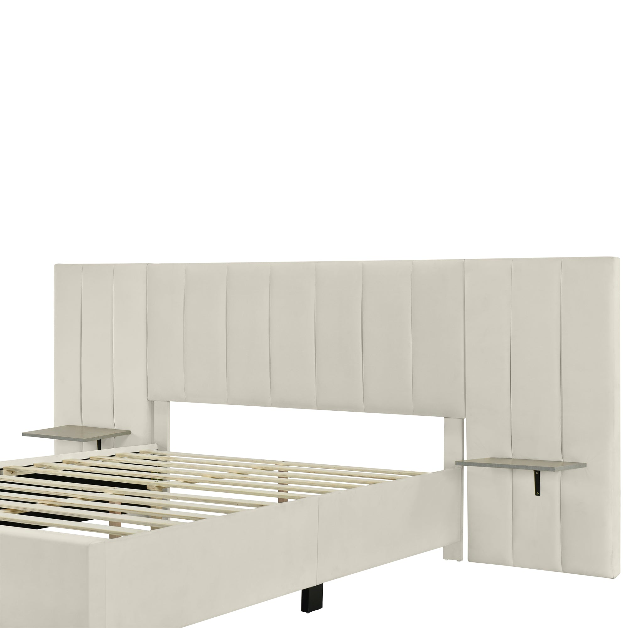 Queen Size Upholstered Platform Bed with Big Headboard, Bedroom Furniture, Velvet, Beige - Atlantic Fine Furniture Melbourne FL