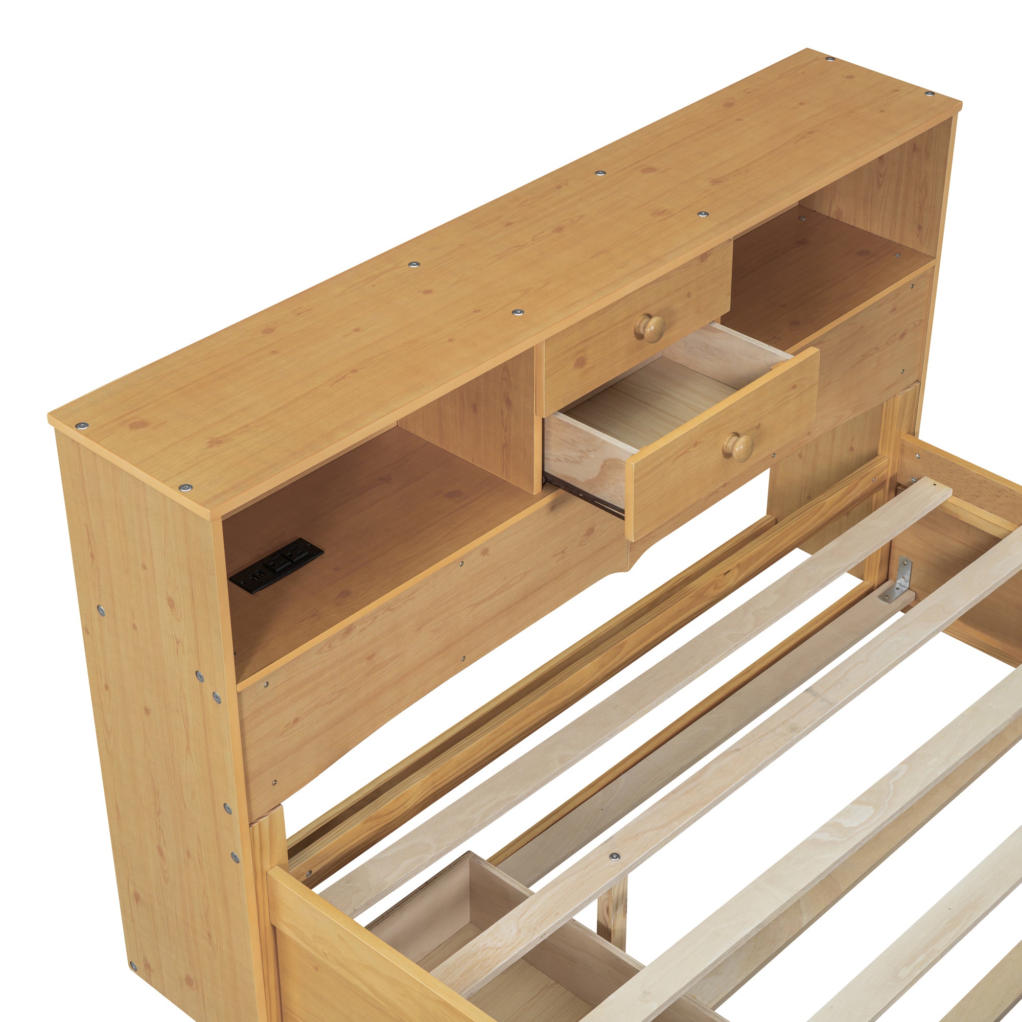 Full Size Wood Pltaform Bed with Twin Size Trundle, 3 Drawers, Upper Shelves and a set of USB Ports & Sockets, Natural - Atlantic Fine Furniture Melbourne FL