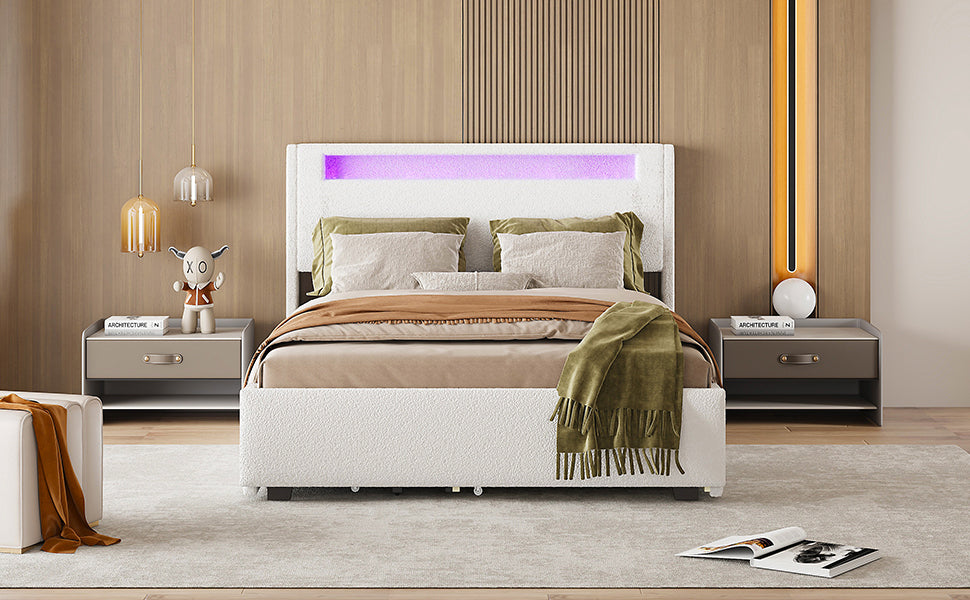 Full Size Upholstered Platform Bed with LED Frame, with Twin Size Trundle and 2 drawers, Teddy Fleece, White - Atlantic Fine Furniture Melbourne FL
