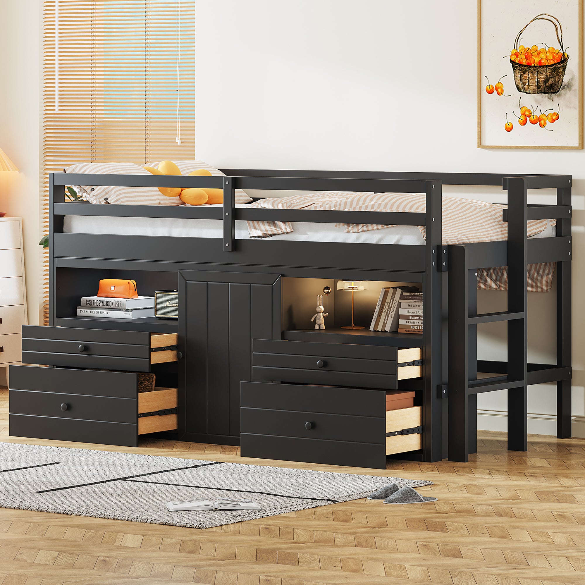 Twin Size Loft Bed with 4 Drawers, Underneath Cabinet and Shelves, Espresso - Atlantic Fine Furniture Melbourne FL