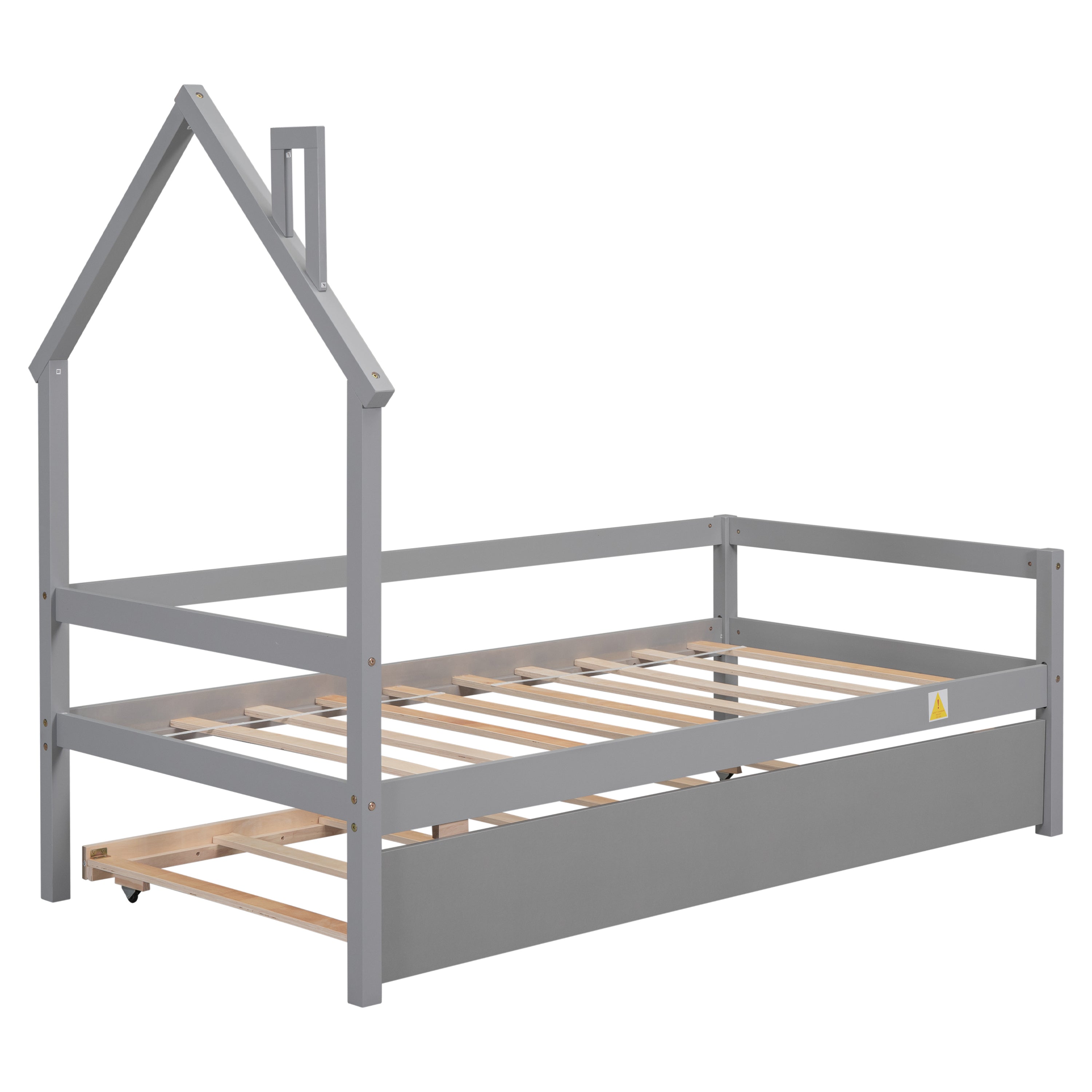 Twin House Wooden Daybed with trundle, Twin House-Shaped Headboard bed with Guardrails,Grey