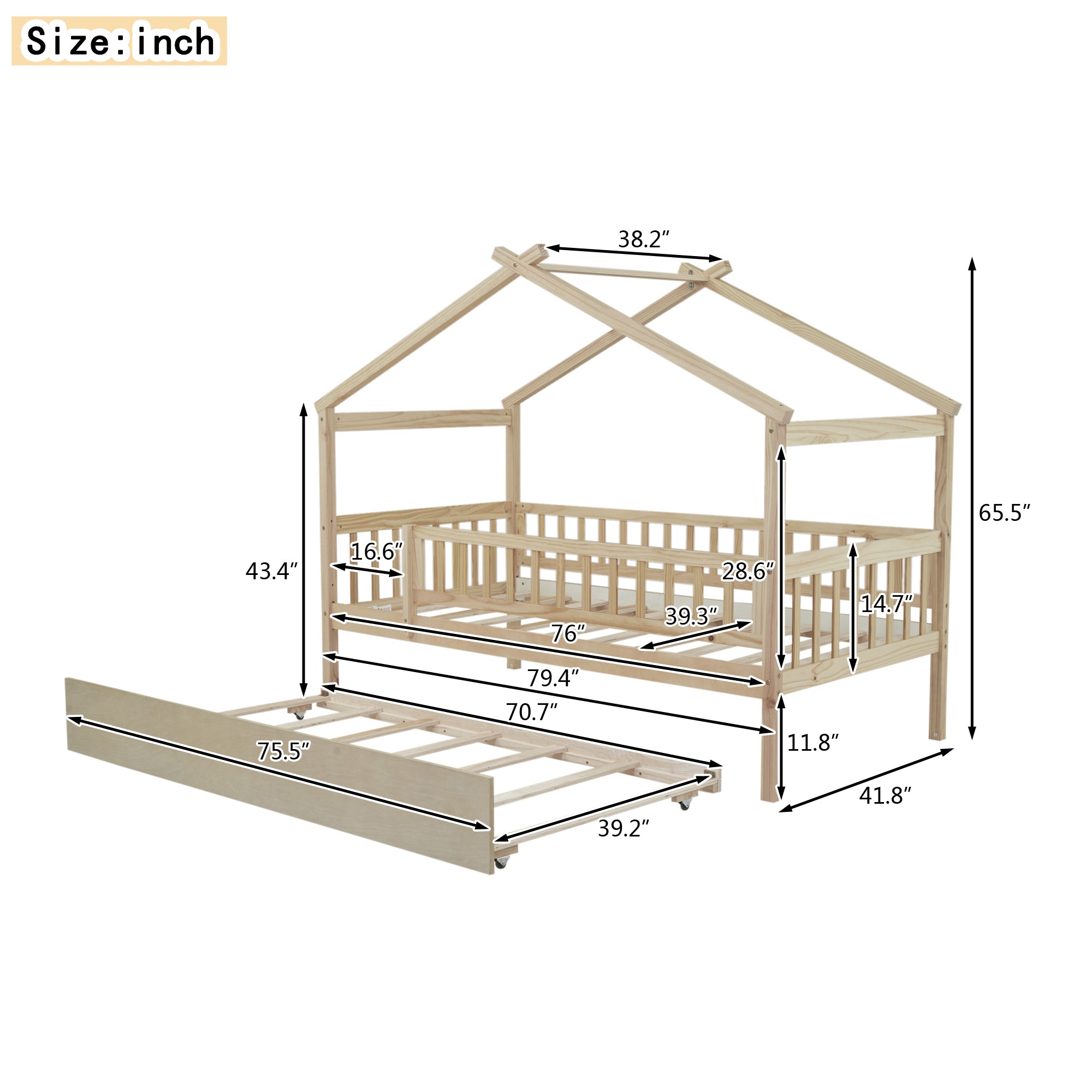 Twin Size Wooden House Bed with Twin Size Trundle, Natural - Atlantic Fine Furniture Melbourne FL