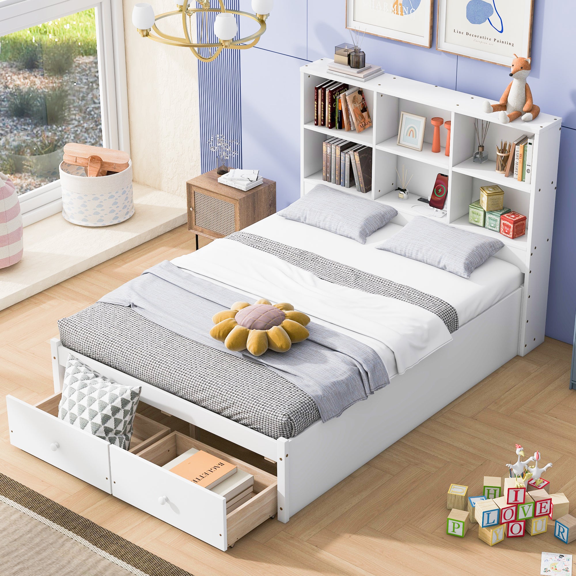 Full Size Platform Bed with Storage Headboard, Charging Station and 2 Drawers, White - Atlantic Fine Furniture Melbourne FL