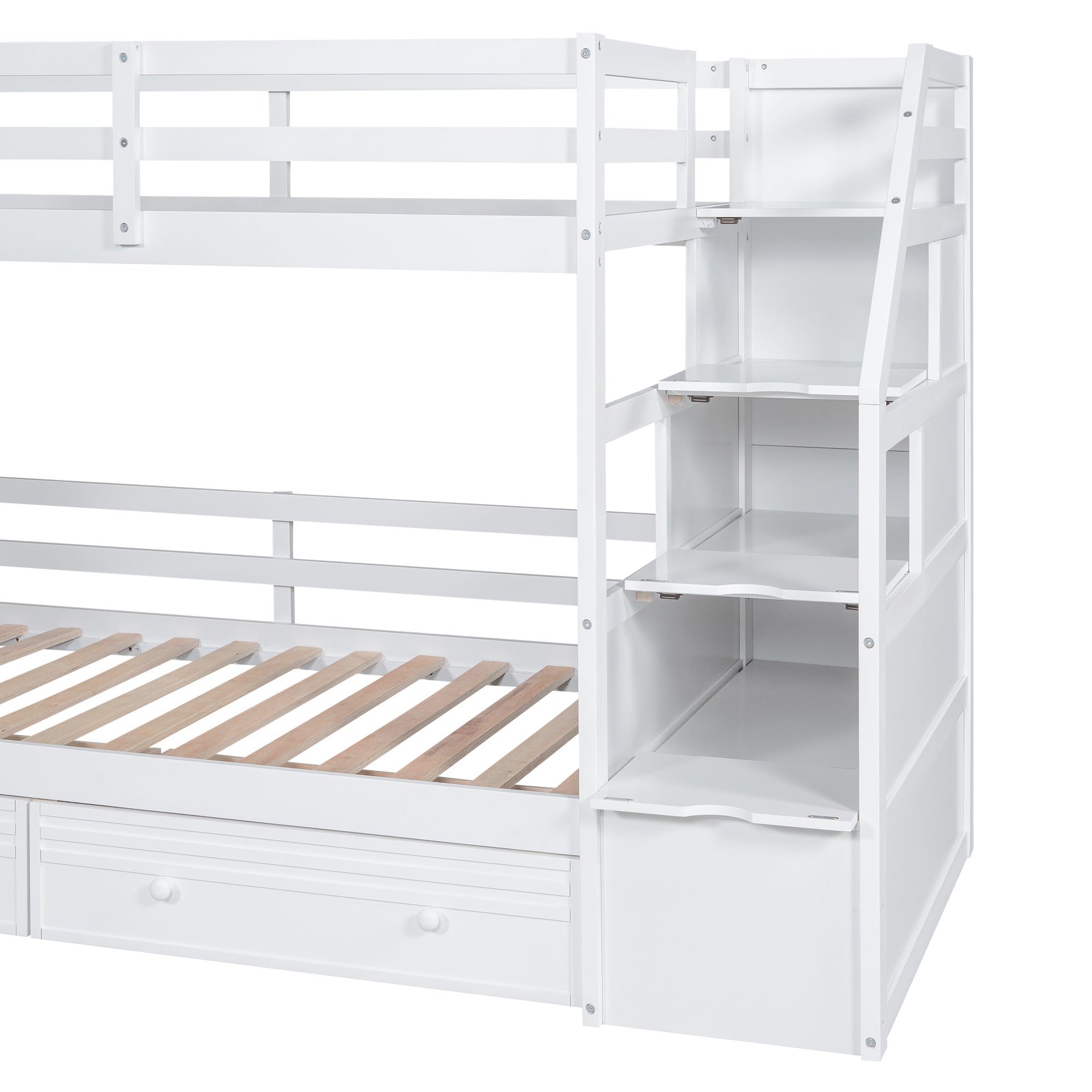 Twin over Twin Bunk Bed with Storage Staircase, Slide and Drawers, Desk with Drawers and Shelves, White - Atlantic Fine Furniture Melbourne FL