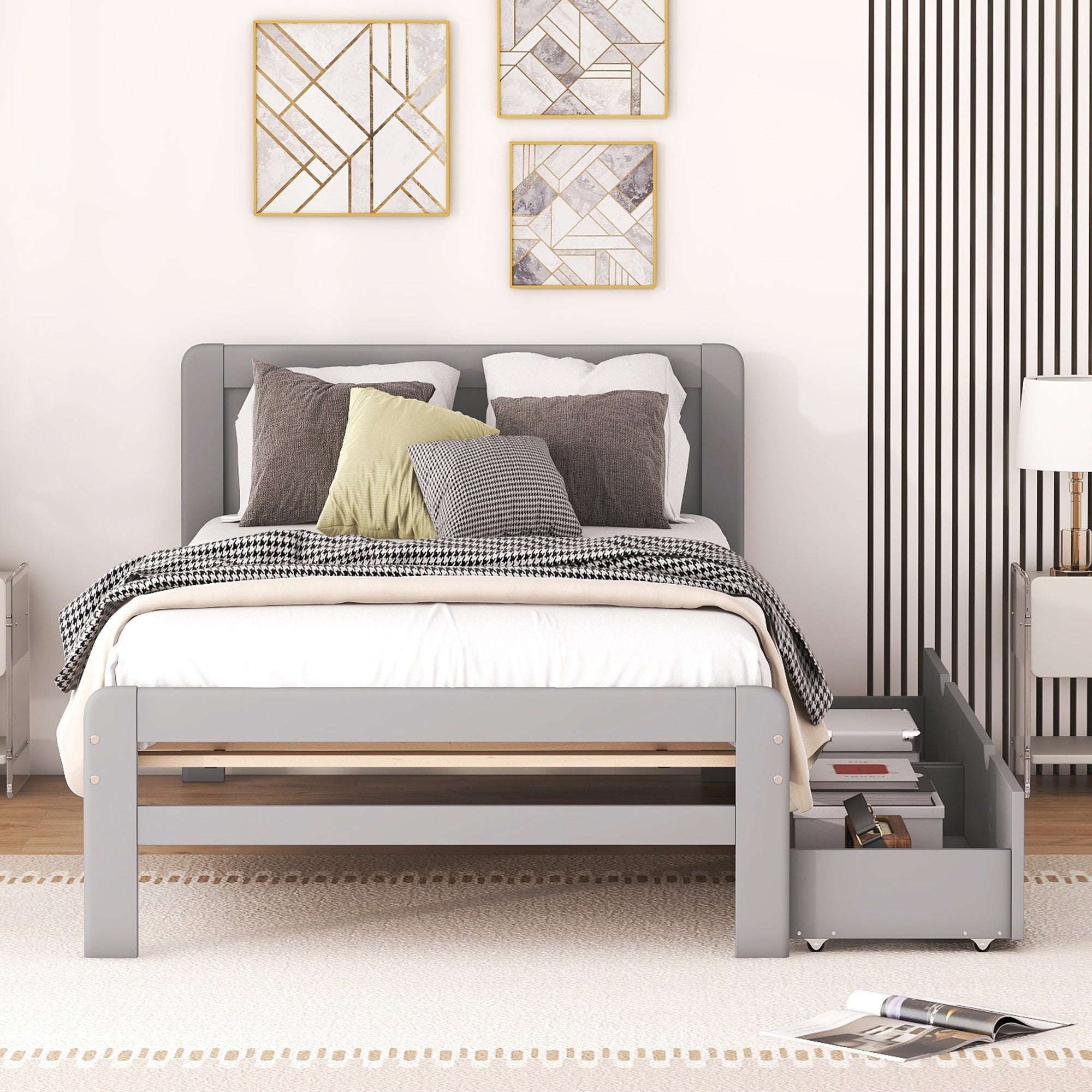 Modern Design Twin Size Platform Bed Frame with 2 Drawers for Grey Color - Atlantic Fine Furniture Melbourne FL