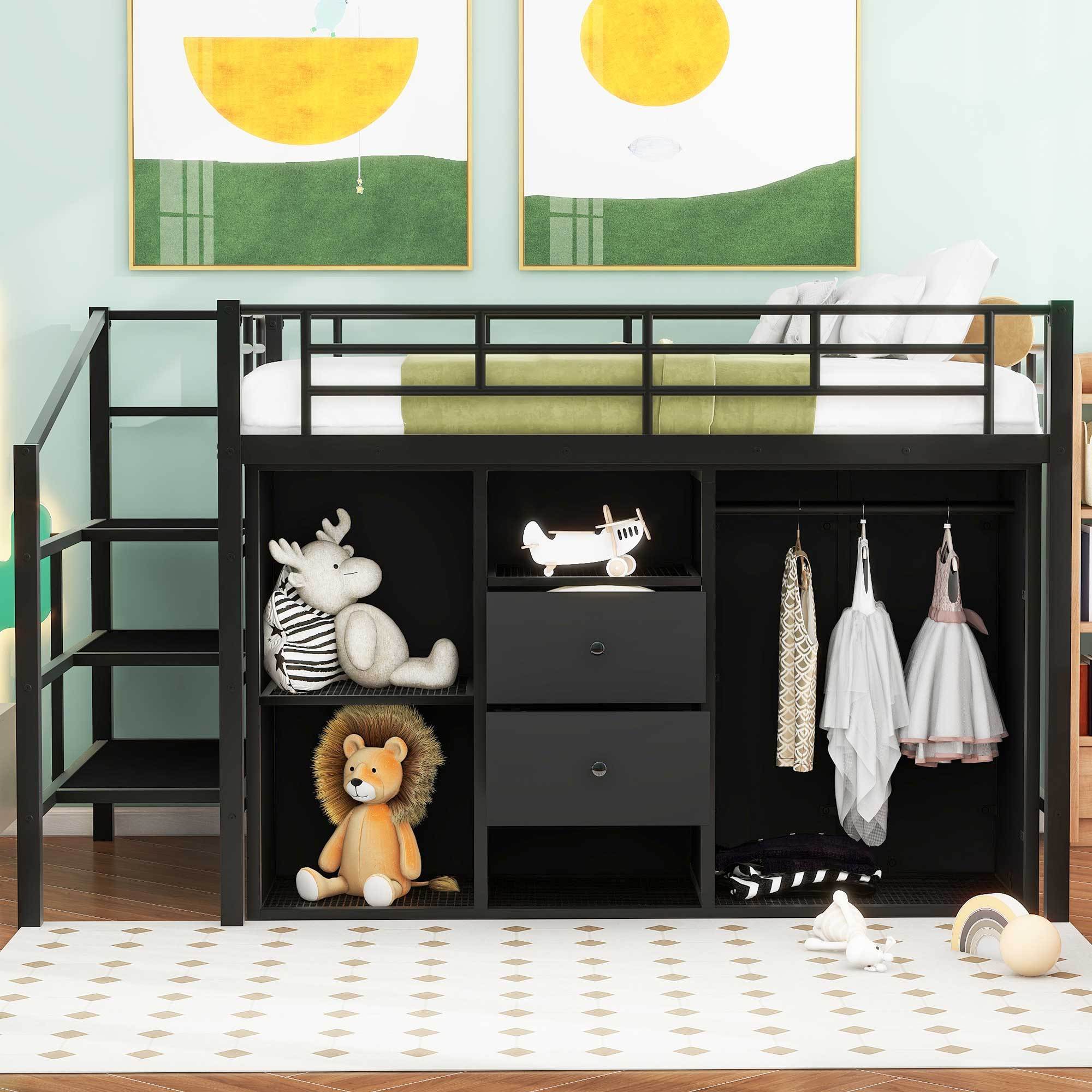 Full Size Metal Loft Bed with Drawers, Storage Staircase and Small Wardrobe - Atlantic Fine Furniture Melbourne FL