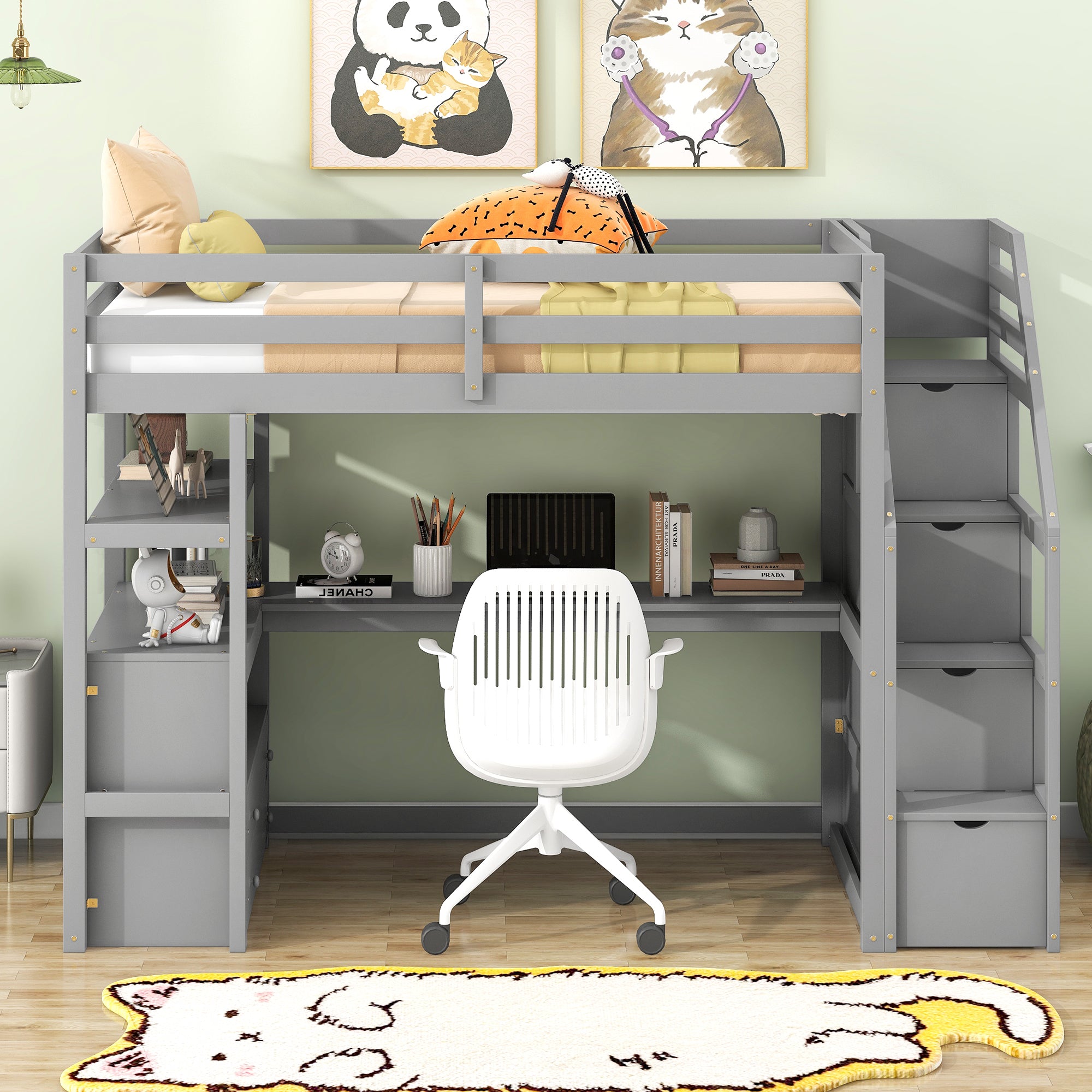 Twin Size Loft Bed with Desk and Shelves, Two Built-in Drawers, Storage Staircase, Gray - Atlantic Fine Furniture Melbourne FL