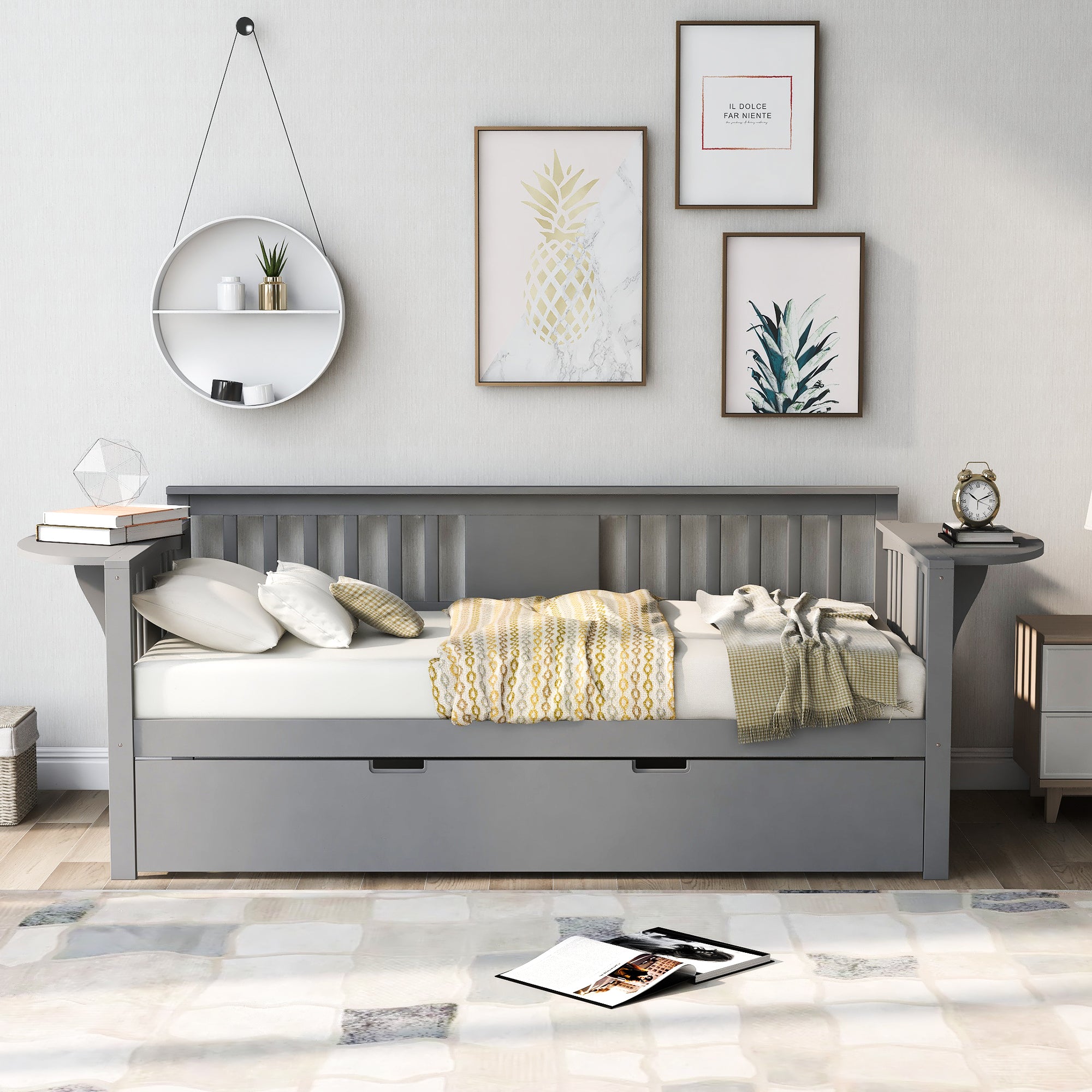 Twin Wooden Daybed with Trundle Bed , Sofa Bed for Bedroom Living Room, Gray