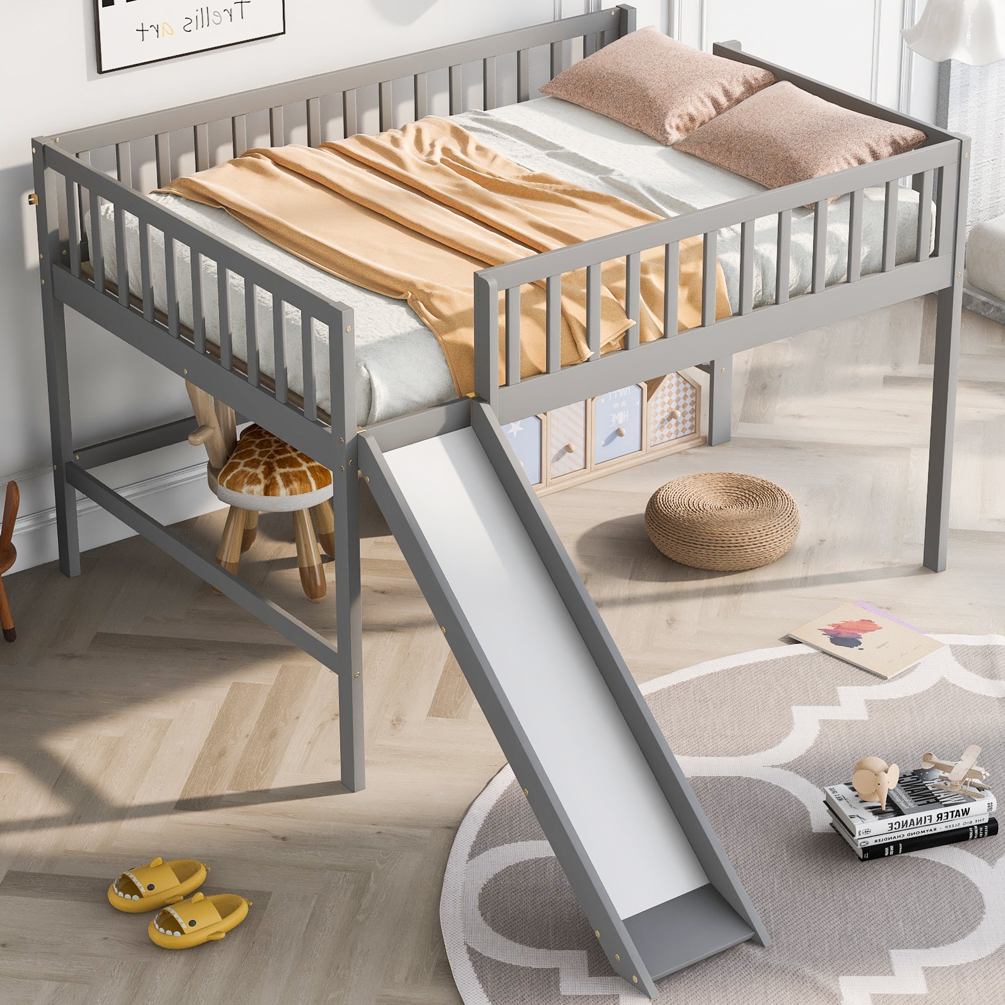 Full Size Low Loft Bed with Ladder and Slide,Gray - Atlantic Fine Furniture Melbourne FL
