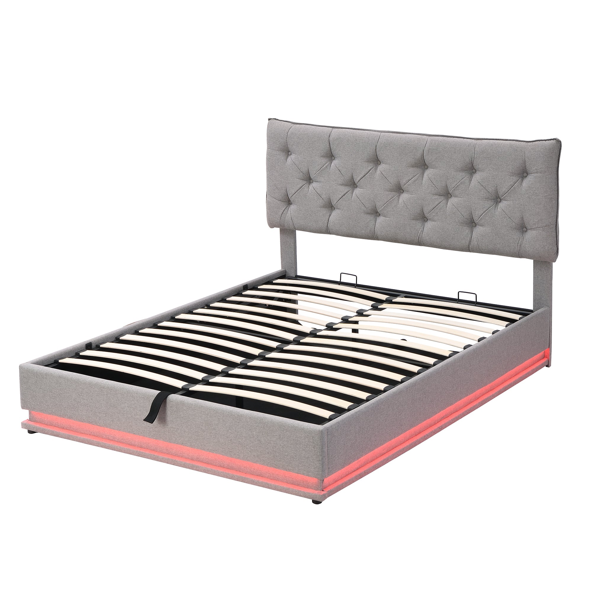 Queen Size Upholstered Bed with Hydraulic Storage System and LED Light, Modern Platform Bed with Button-tufted Design Headboard, Gray - Atlantic Fine Furniture Melbourne FL