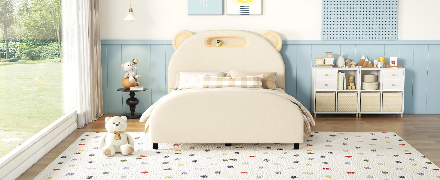 Full Size Upholstered Platform Bed with Bear-Shaped Headboard and Embedded Light Stripe, Velvet, Beige - Atlantic Fine Furniture Melbourne FL