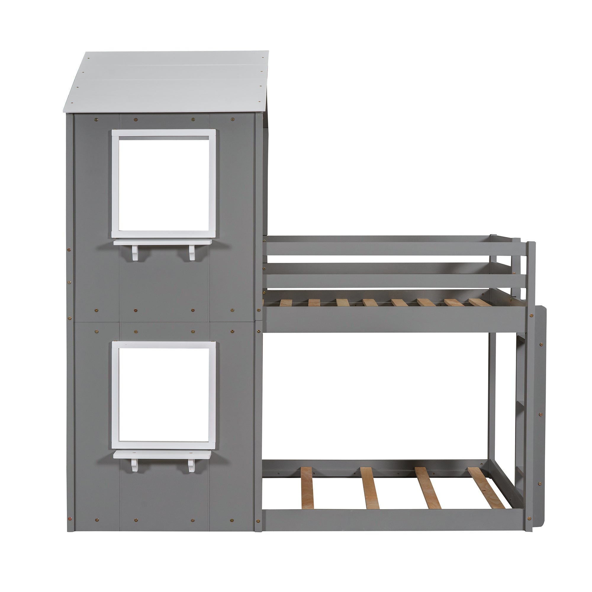 Twin Over Twin Bunk Bed Wood Bed with Roof, Window, Guardrail, Ladder (White) - Atlantic Fine Furniture Melbourne FL