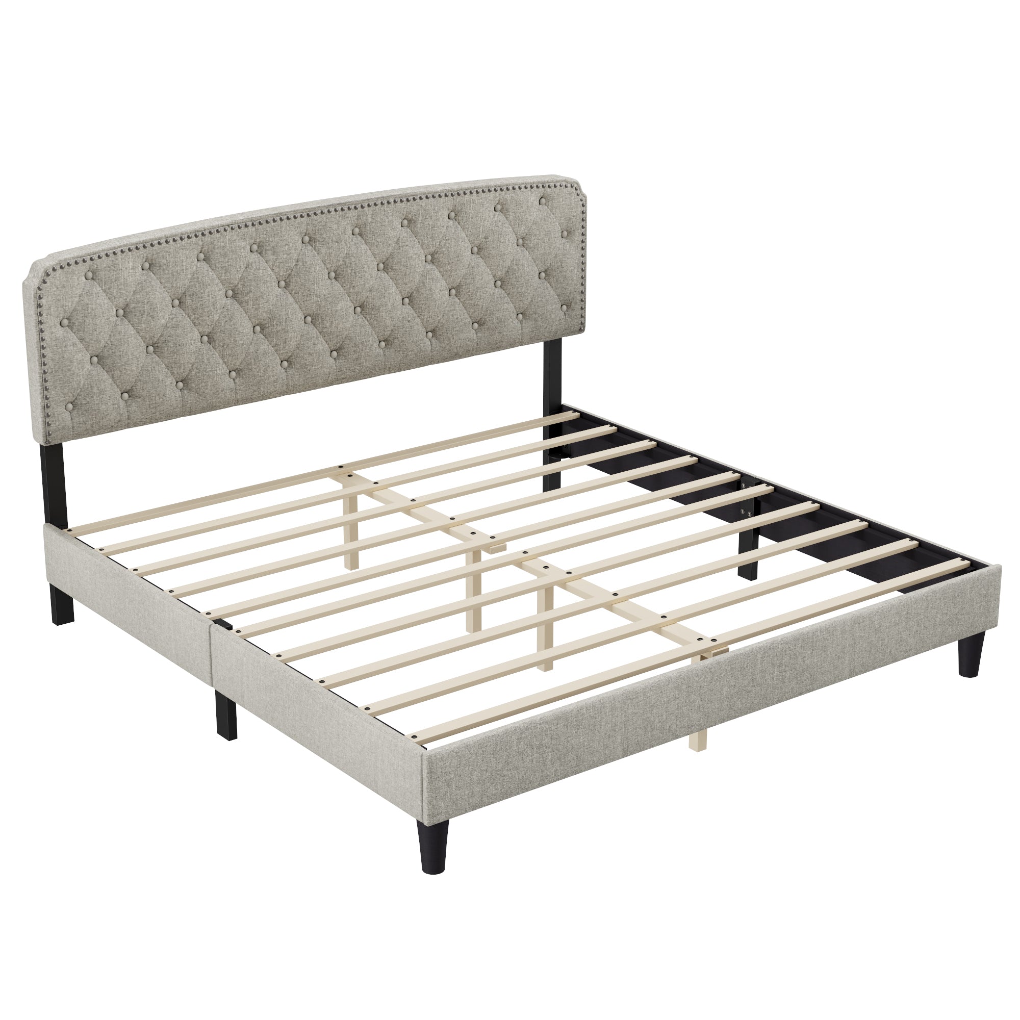 King size Adjustable Headboard with Fine Linen Upholstery and Button Tufting for Bedroom, Wave Top cream White