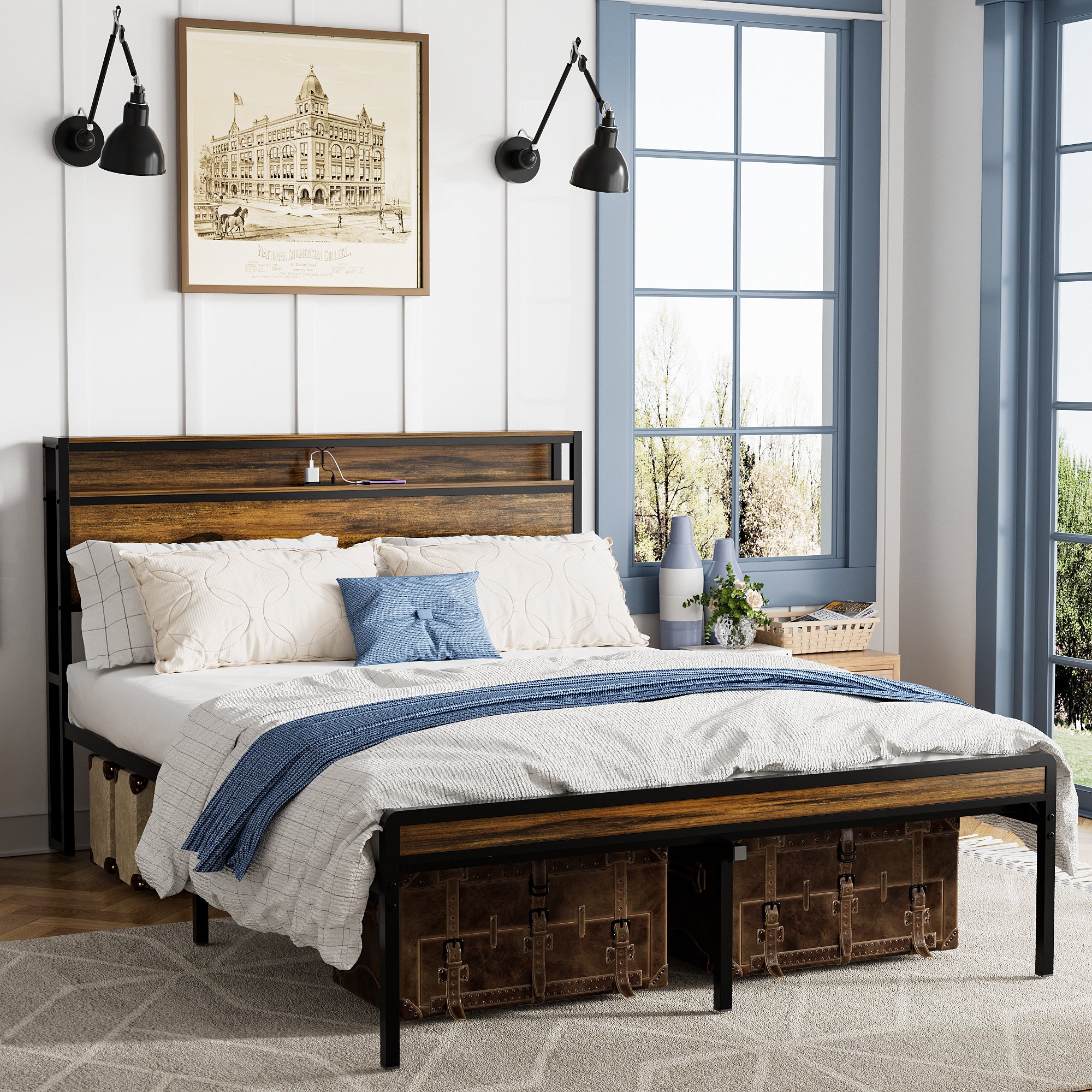 Queen Size Bed Frame, Storage Headboard with LED light, Charging Station, Solid and Stable, Noise Free, No Box Spring Needed, Easy Assembly, Vintage Brown - Atlantic Fine Furniture Melbourne FL