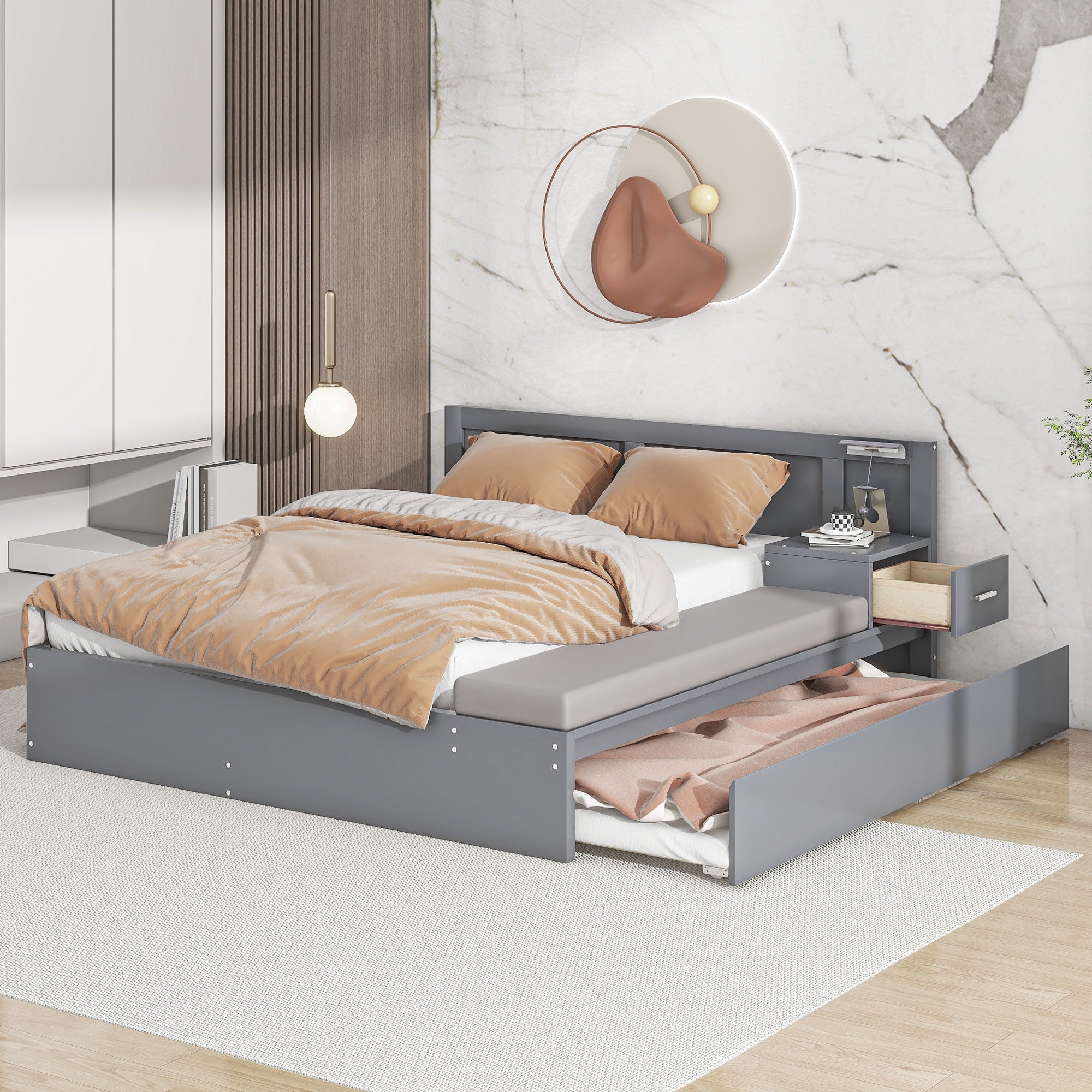 Full Size Wood Storage Hydraulic Platform Bed with Twin Size Trundle, Side Table and Lounge, Gray - Atlantic Fine Furniture Melbourne FL