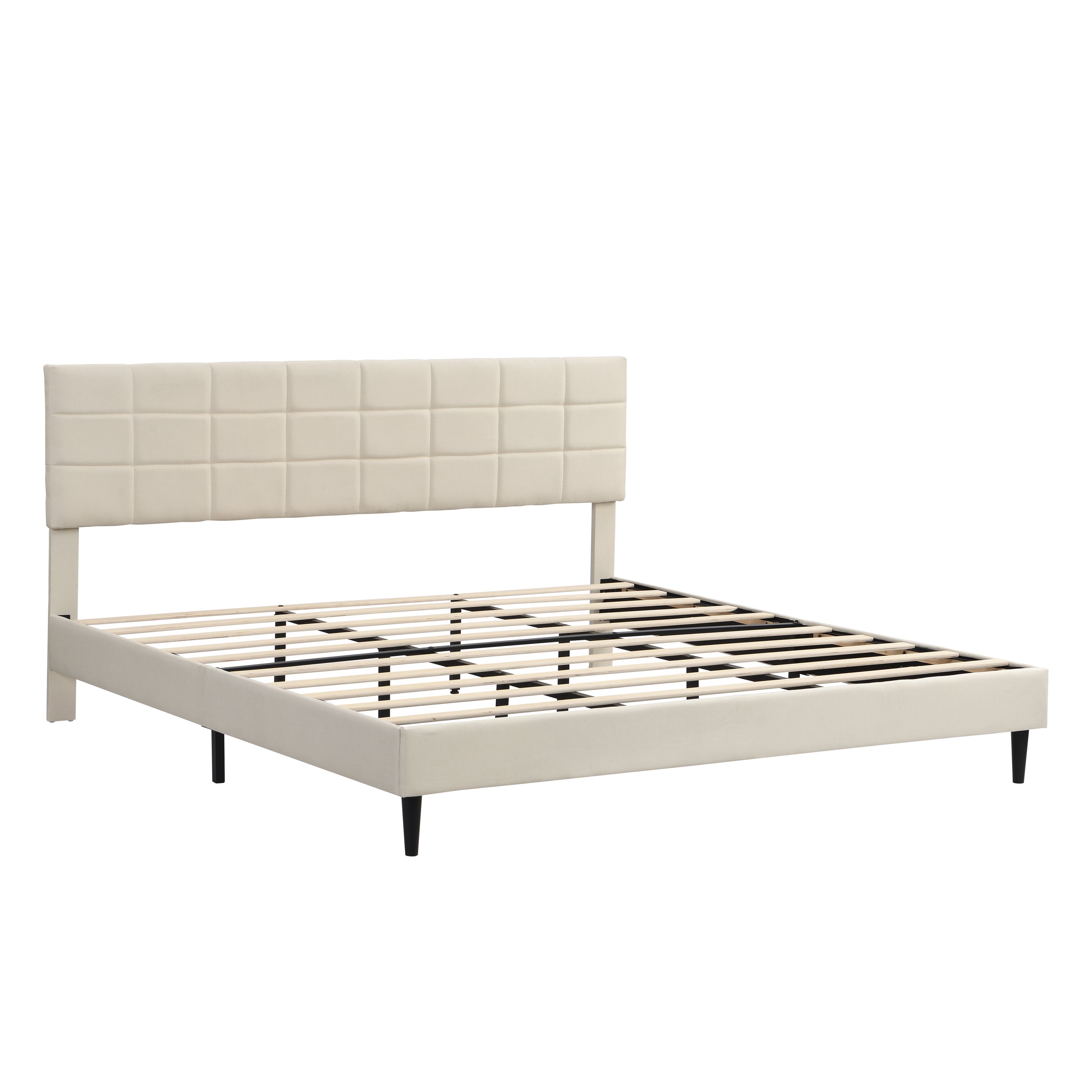 King Size Platform Bed Frame with Fabric Upholstered Headboard and Wooden Slats, No Box Spring Needed/Easy Assembly, Dark Beige - Atlantic Fine Furniture Melbourne FL