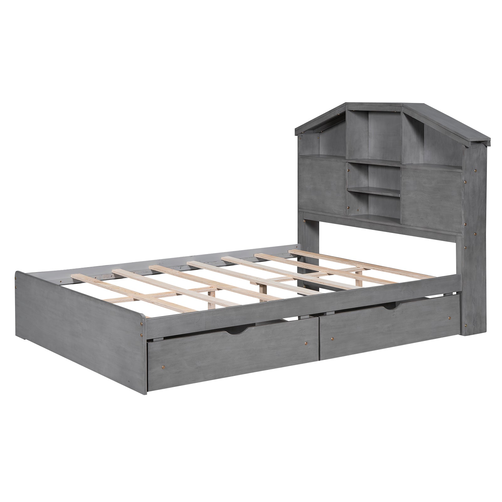 Full Size Wood Platform Bed with House-shaped Storage Headboard and 2 Drawers, Gray - Atlantic Fine Furniture Melbourne FL