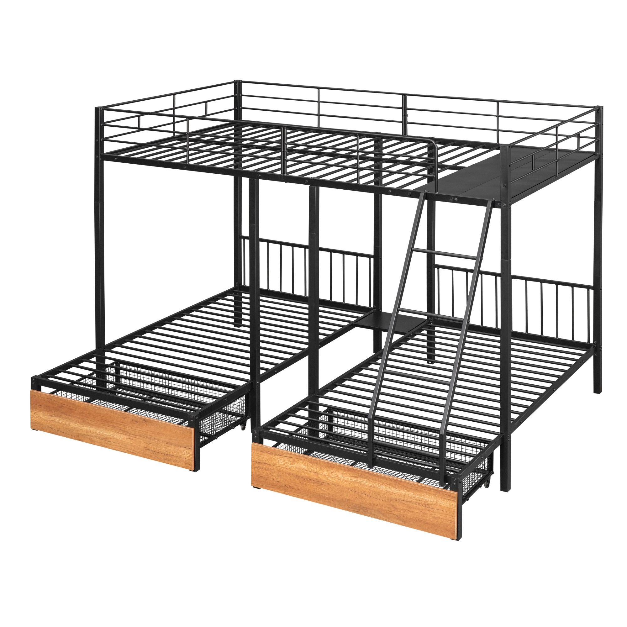 Full Over Twin & Twin Bunk Bed, Metal Triple Bunk Bed with Drawers and Guardrails, Black