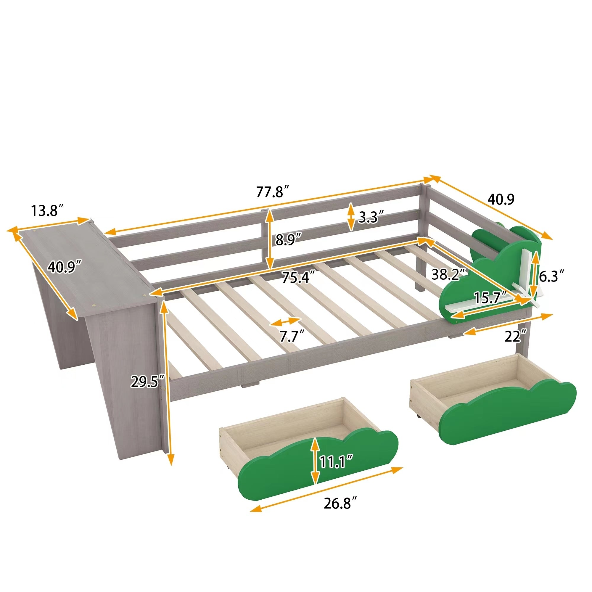 Twin Size Daybed with Desk, Green Leaf Shape Drawers and Shelves, Gray - Atlantic Fine Furniture Melbourne FL