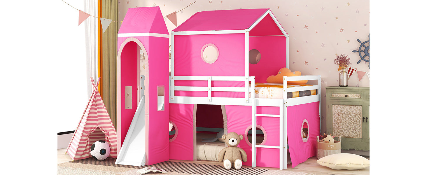 Full Size Bunk Bed with Slide Pink Tent and Tower - Pink