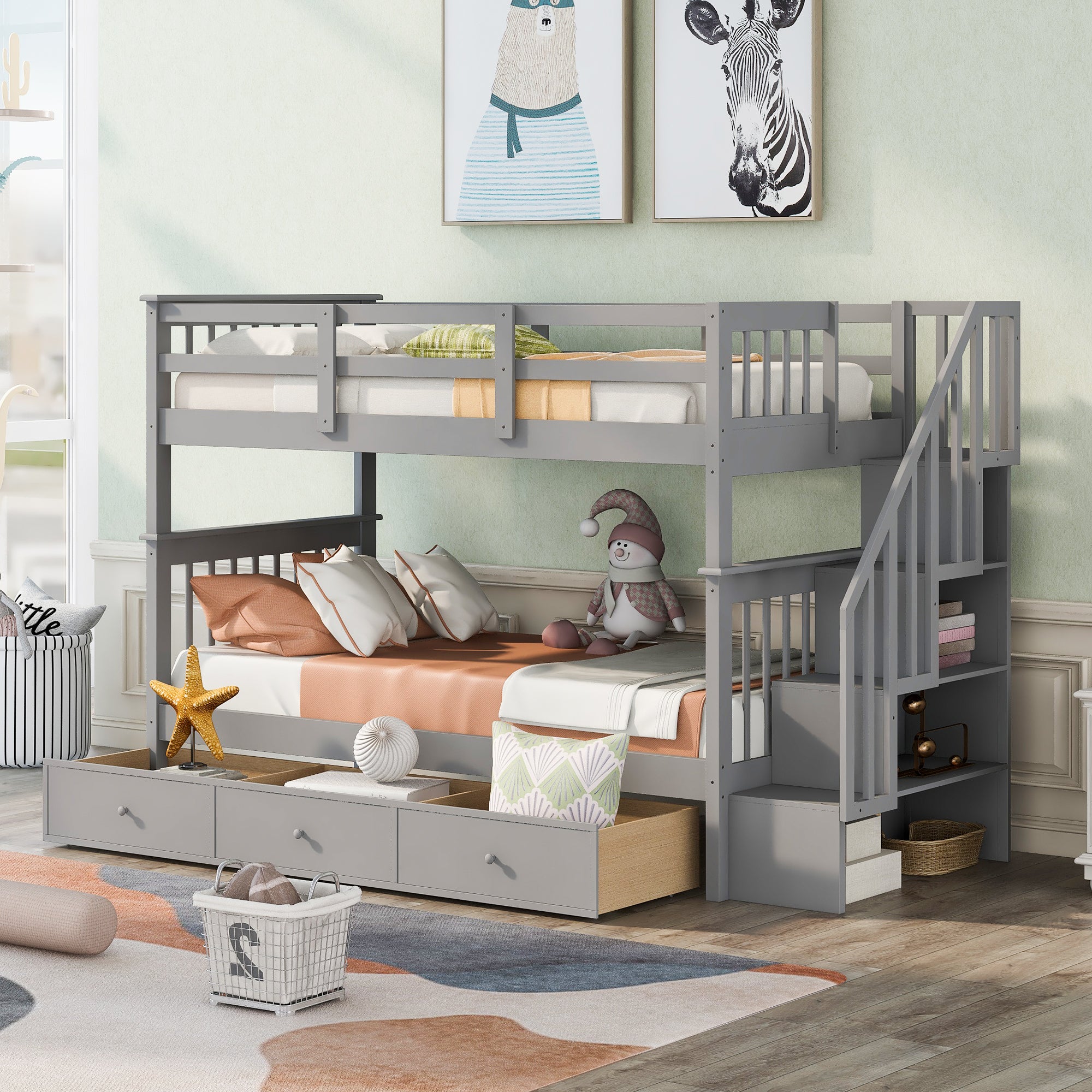 Stairway Twin-Over-Twin Bunk Bed with Three Drawers for Bedroom, Dorm - Gray(Old SKU: LP000309AAE)