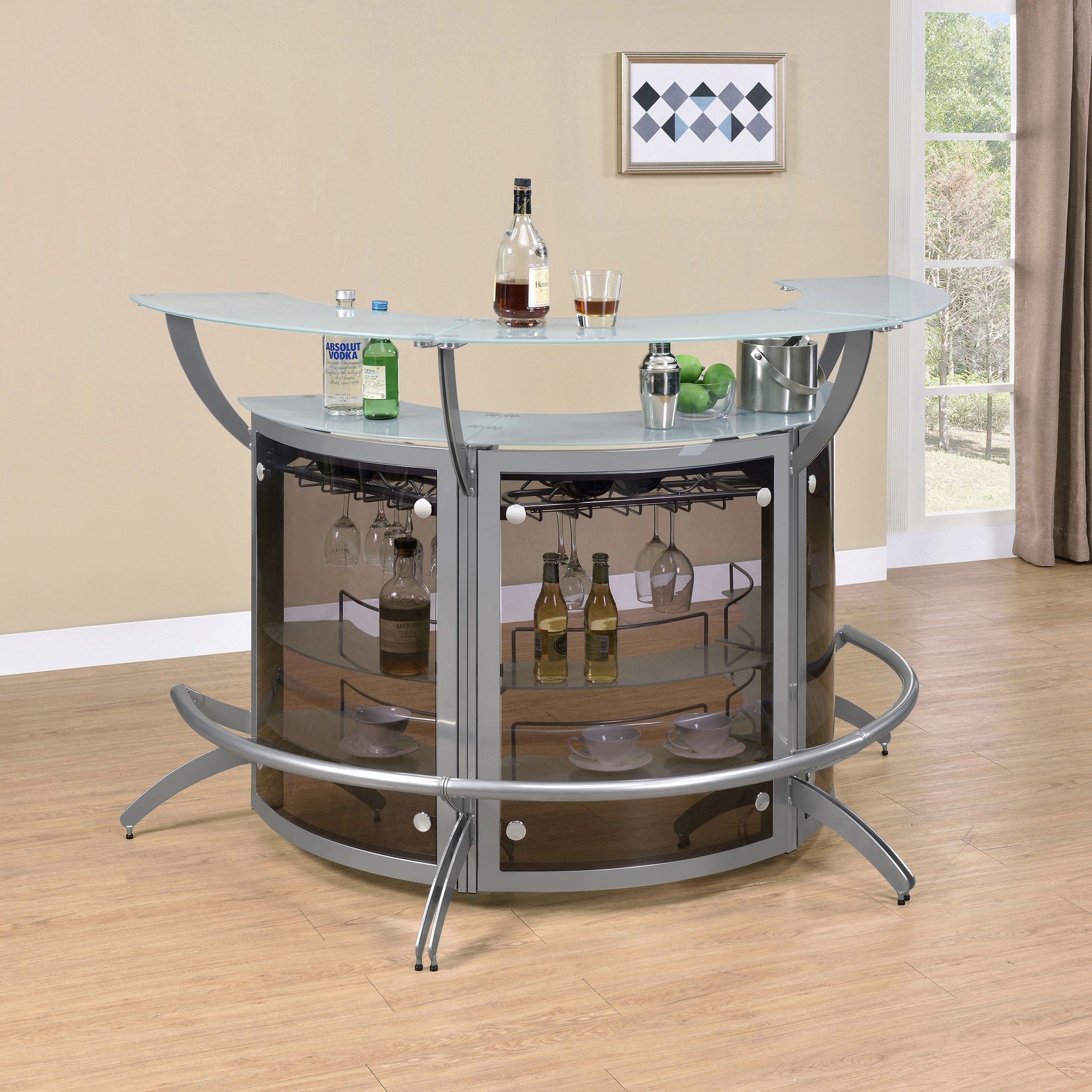 Dallas 3-piece Curved Freestanding Home Bar Cabinet Silver — view 1