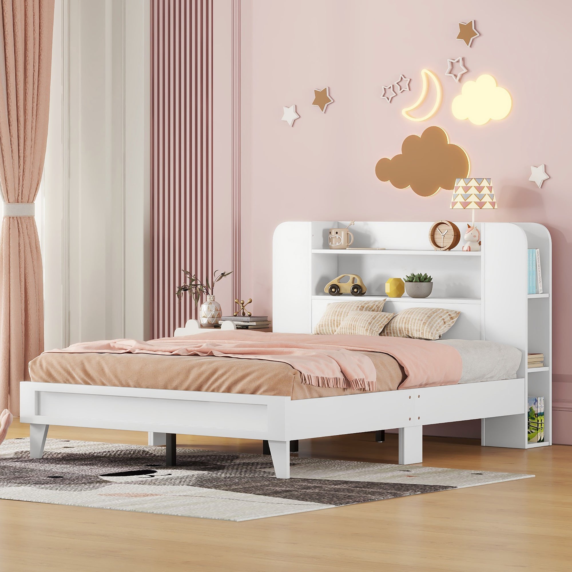 Full Size Platform Bed with Storage Headboard,Multiple Storage Shelves on Both Sides,White - Atlantic Fine Furniture Melbourne FL