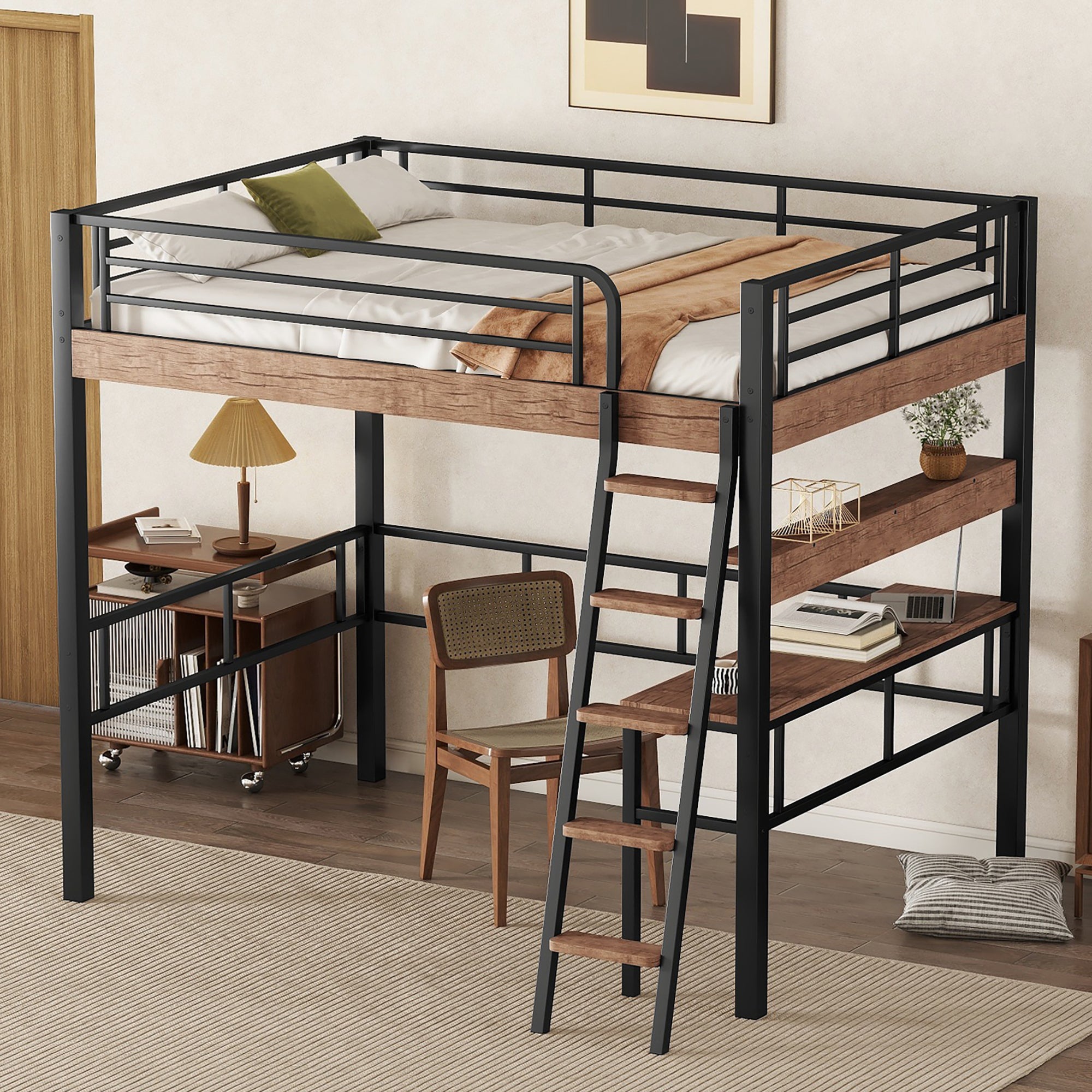 Metal Full Size Loft Bed with Built-in Desk, Storage Shelf and Ladder, Black