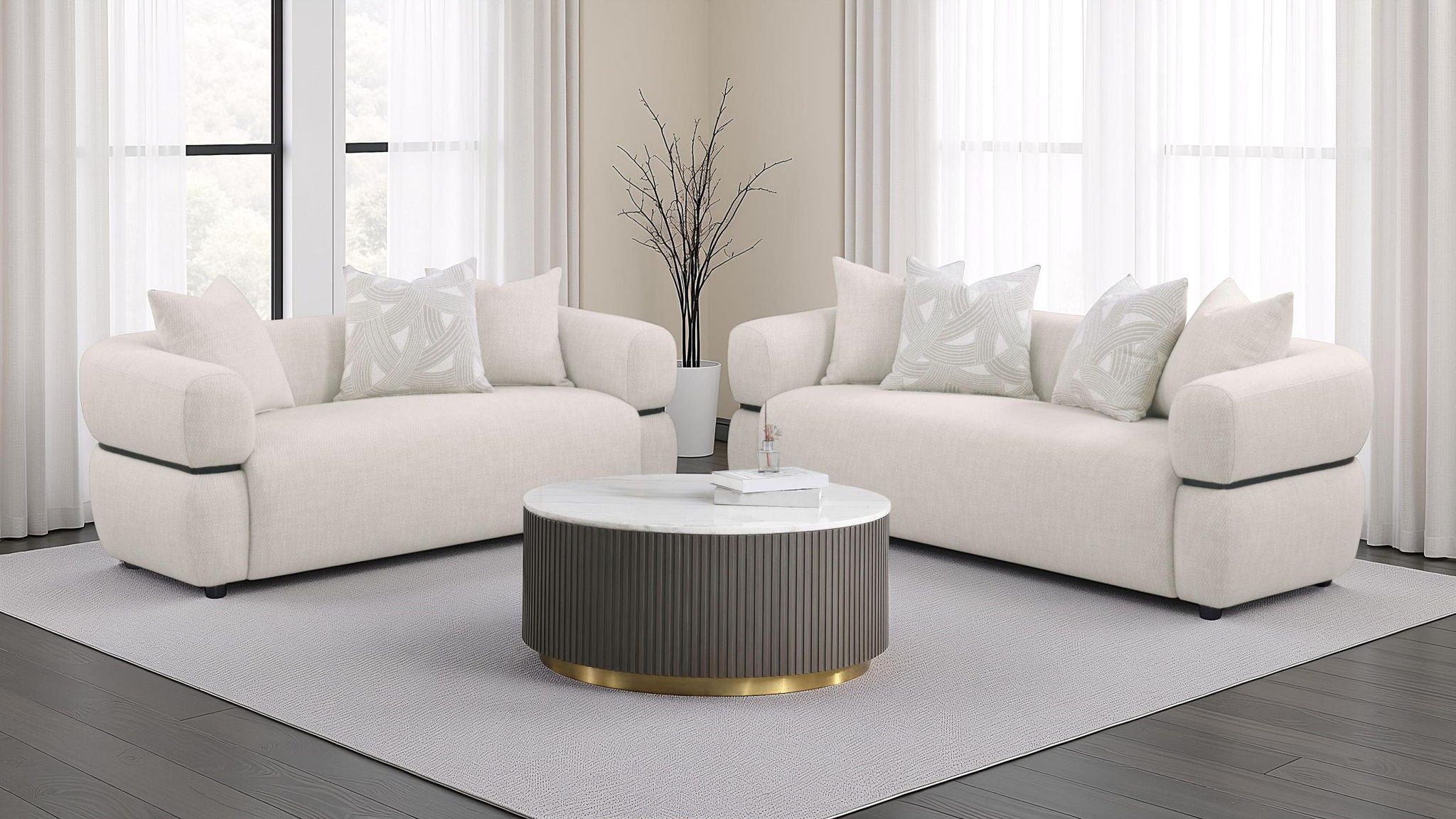 Jeanette 2-piece Fabric Upholstered Round Arm Sofa Set Beige