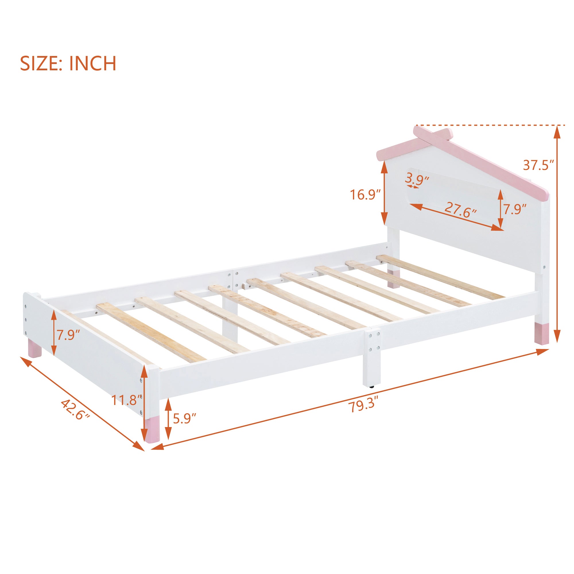 Twin Size Wood Platform Bed with House-shaped Headboard and Motion Activated Night Lights (White+Pink) - Atlantic Fine Furniture Melbourne FL