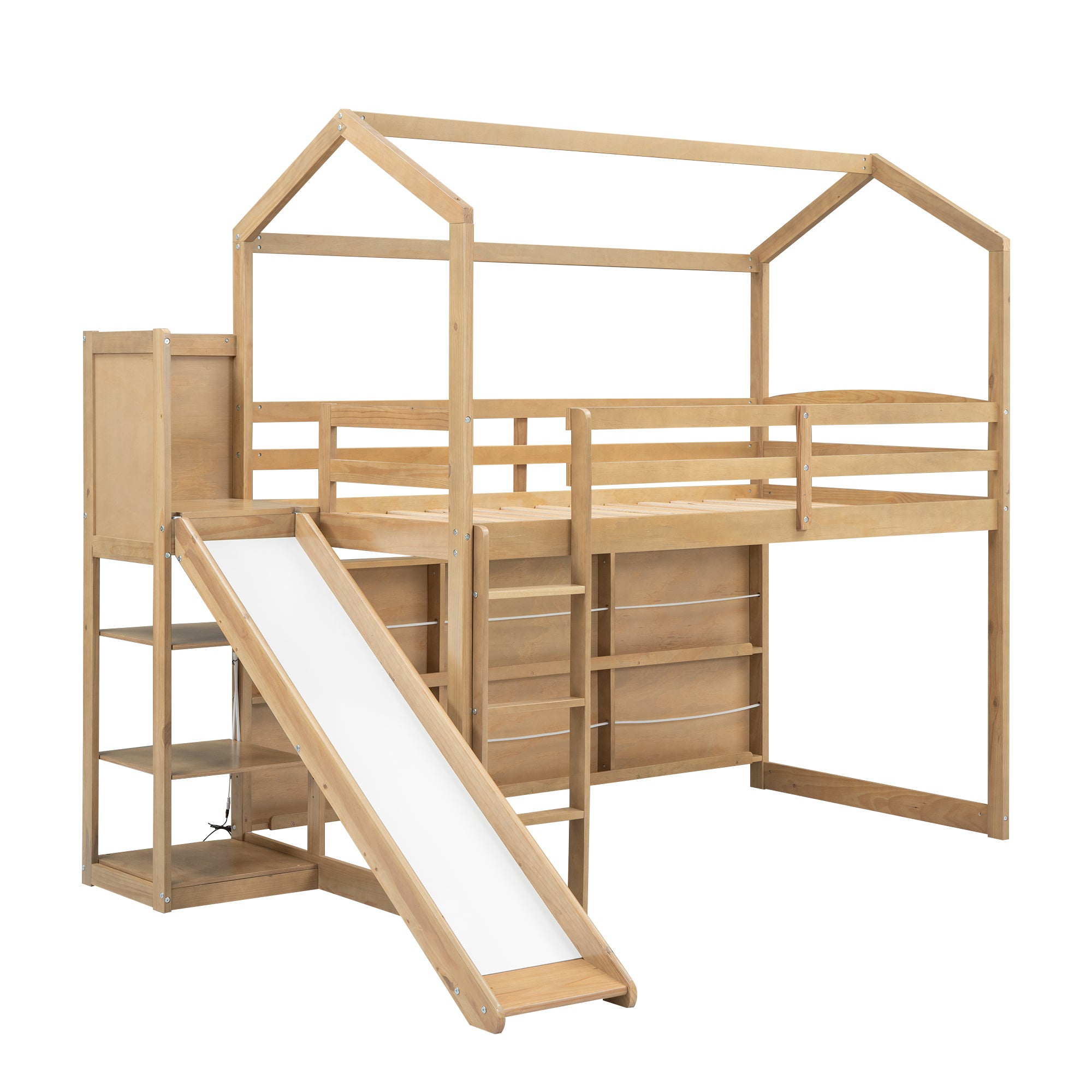 Twin Size Wood House Loft bed with Slide, Storage shelves and Light, Climbing Ramp, Wood Color - Atlantic Fine Furniture Melbourne FL