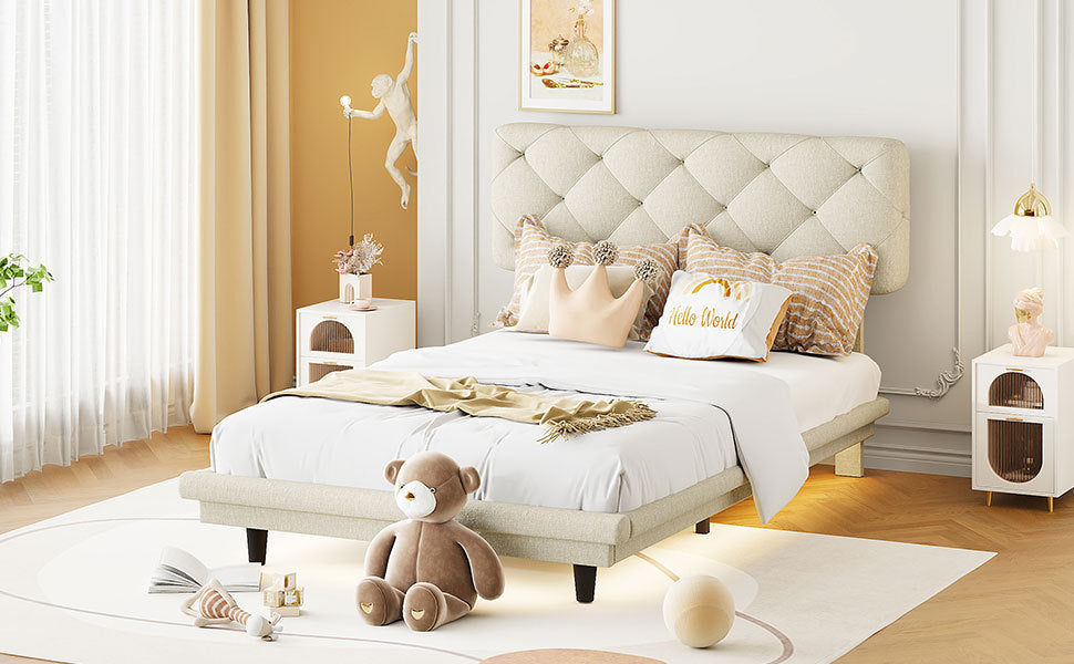 Twin Size Upholstered Bed with Light Stripe, Floating Platform Bed, Linen Fabric,Beige - Atlantic Fine Furniture Melbourne FL