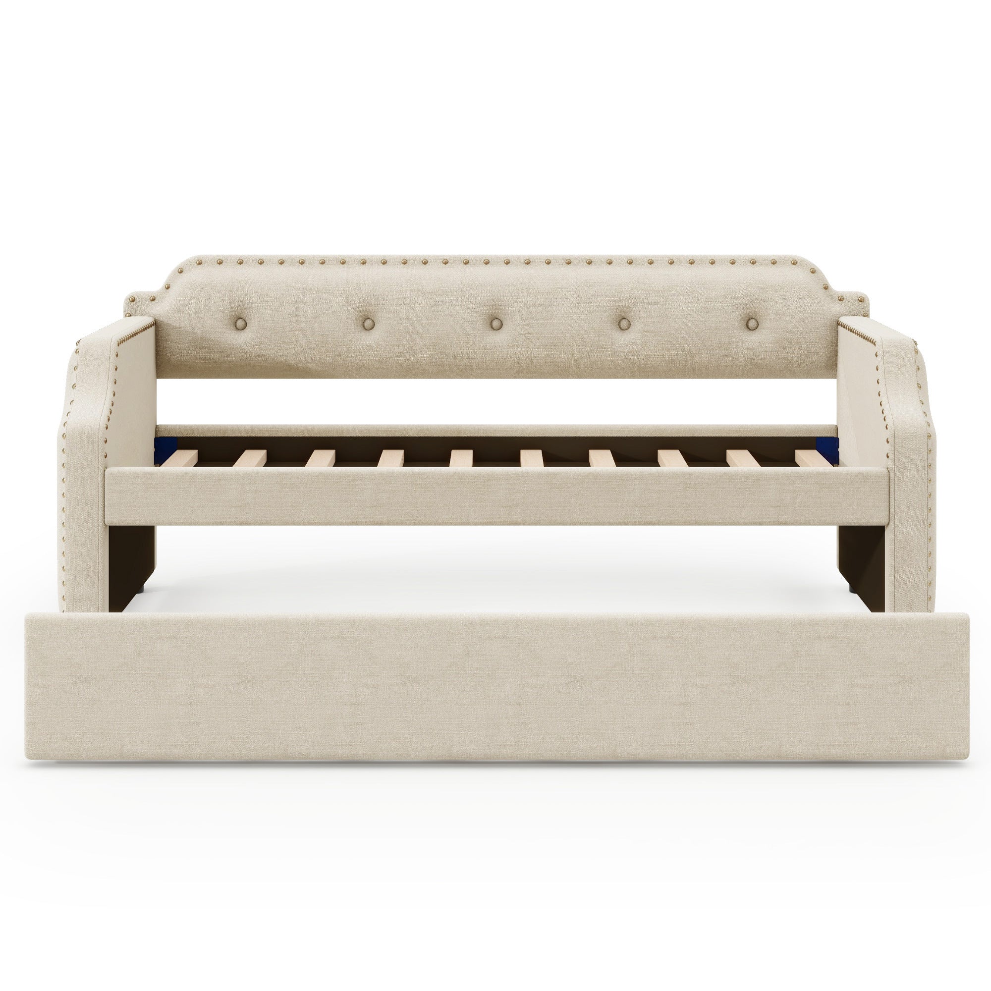 Upholstered Daybed with Trundle, Wood Slat Support,Upholstered Frame Sofa Bed, Twin, Beige - Atlantic Fine Furniture Melbourne FL