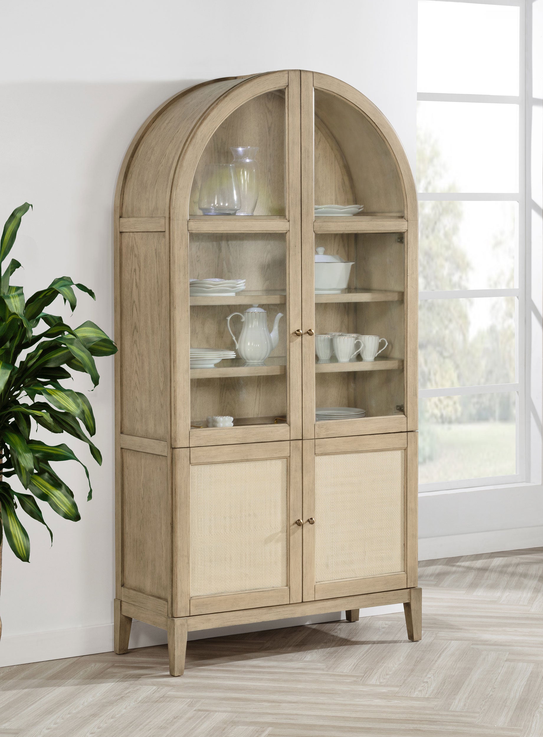 Kailani 4-Door Cane Dining Vitrine Display Cabinet Beige Oak — view 2