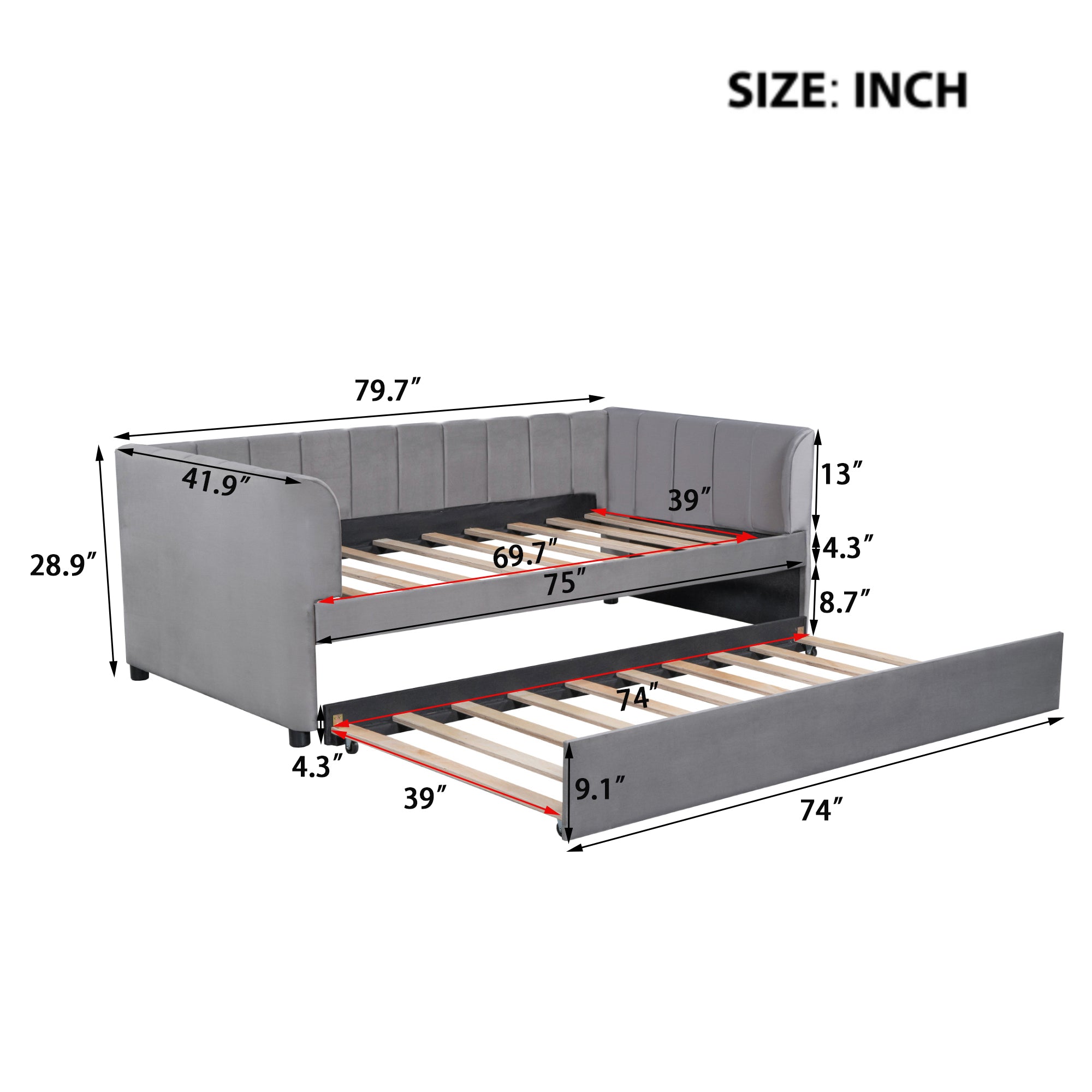 Twin Size Upholstered Daybed with Ergonomic Design Backrest and Trundle, Gray - Atlantic Fine Furniture Melbourne FL