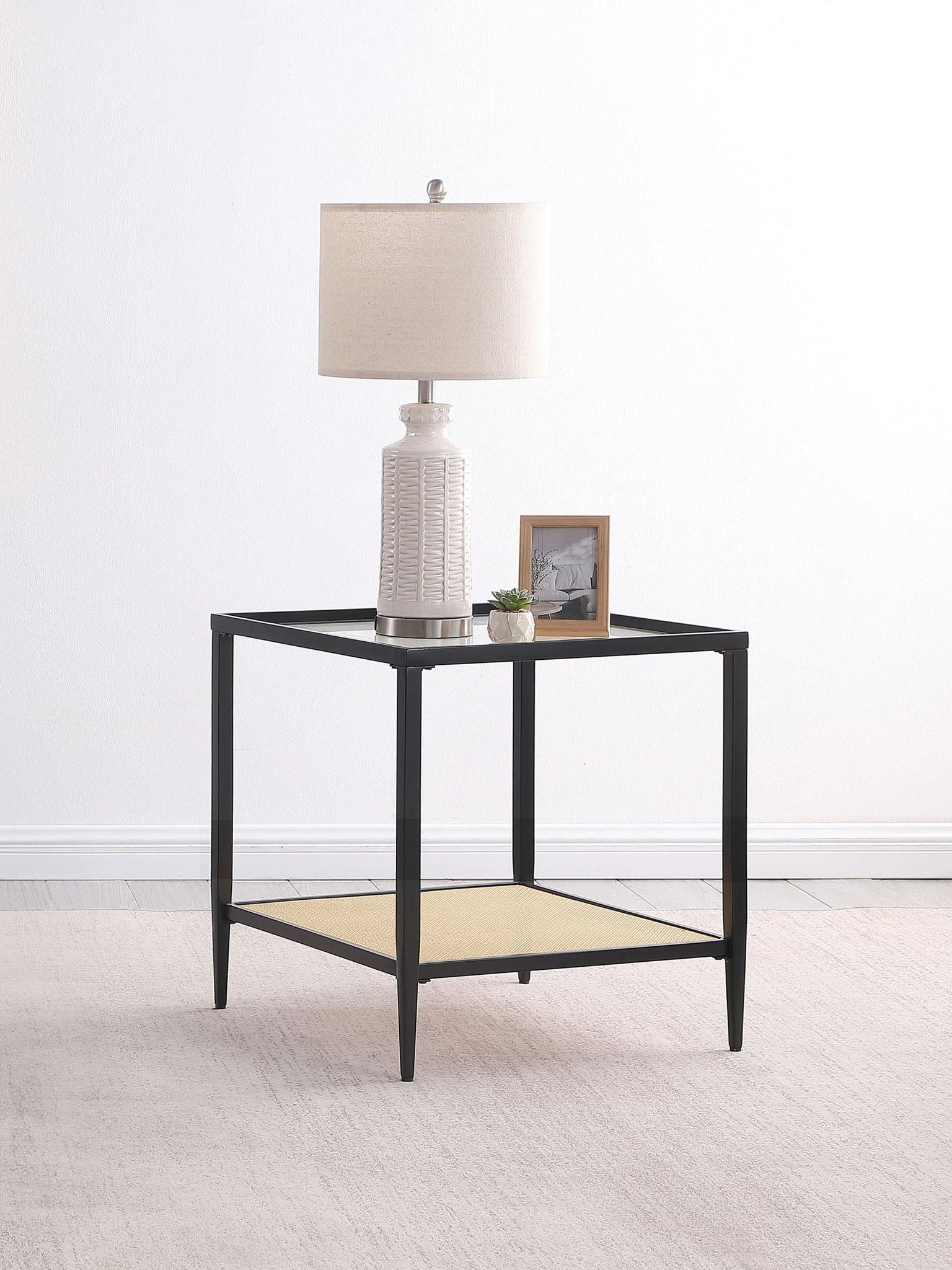 Amherst Glass Top Metal with Cane Shelf End Table Black_x000D_