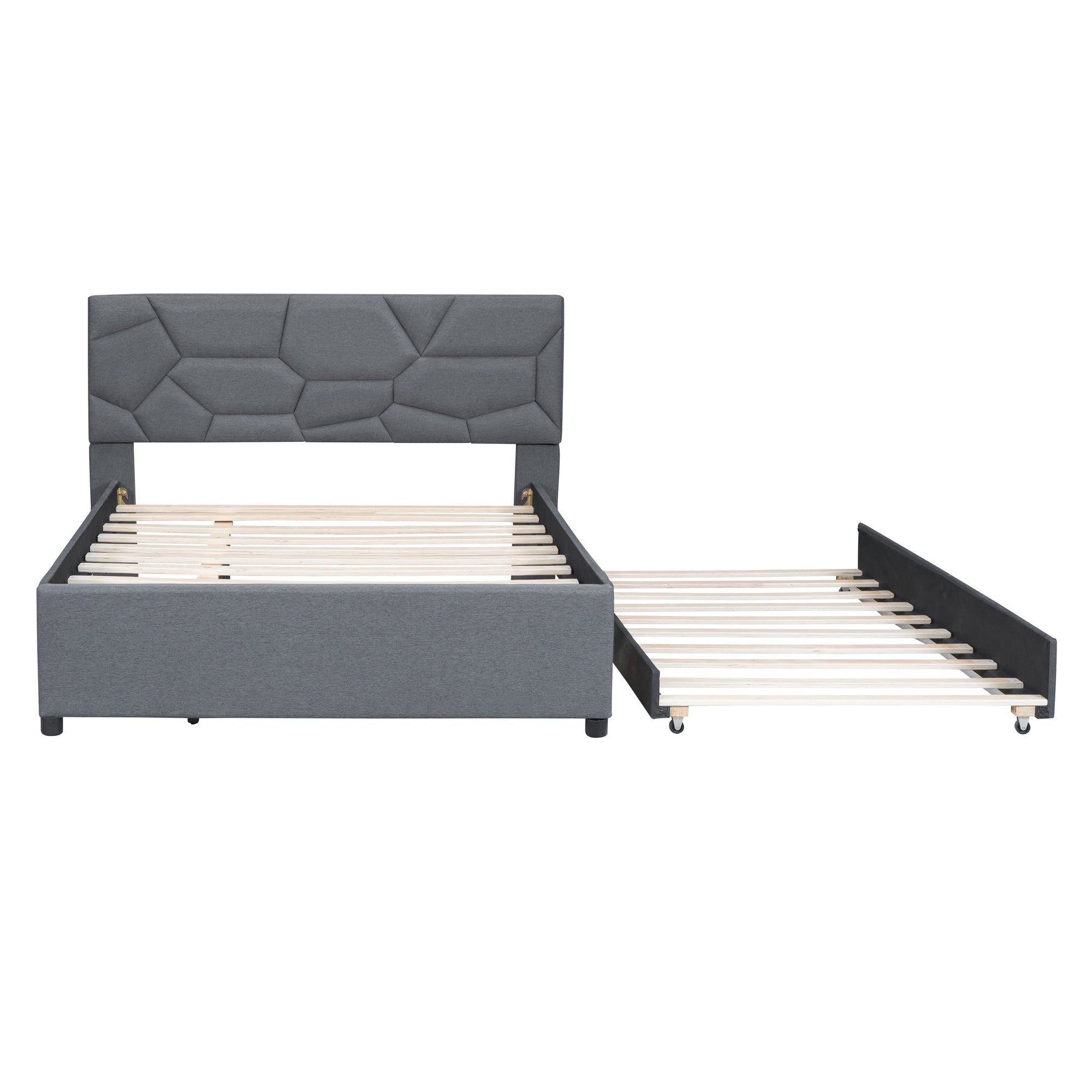 Full Size Upholstered Platform Bed with Brick Pattern Headboard and Twin Size Trundle, Linen Fabric, Gray - Atlantic Fine Furniture Melbourne FL